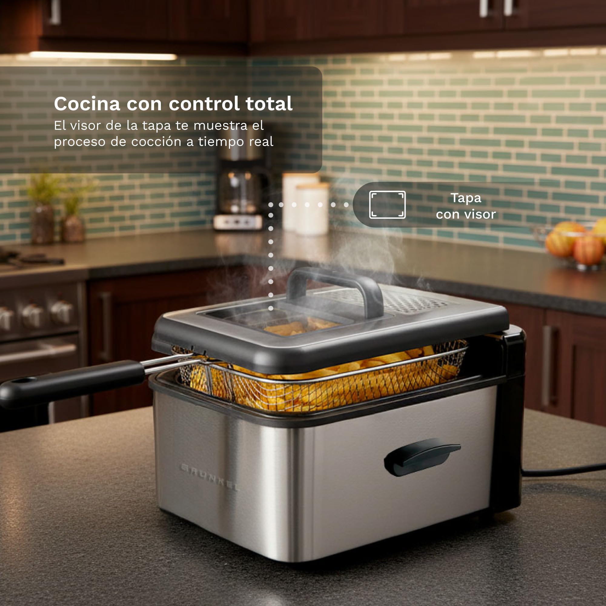 Grunkel Freidora eléctrica 4,2L de Capacidad y 3000W cubeta acero inoxidable MAXIFRYPRO Temperatura Ajustable y Filtro antiolores. Termostato hasta 190º. Proteccion contra sobrecalentamiento (4,2L)