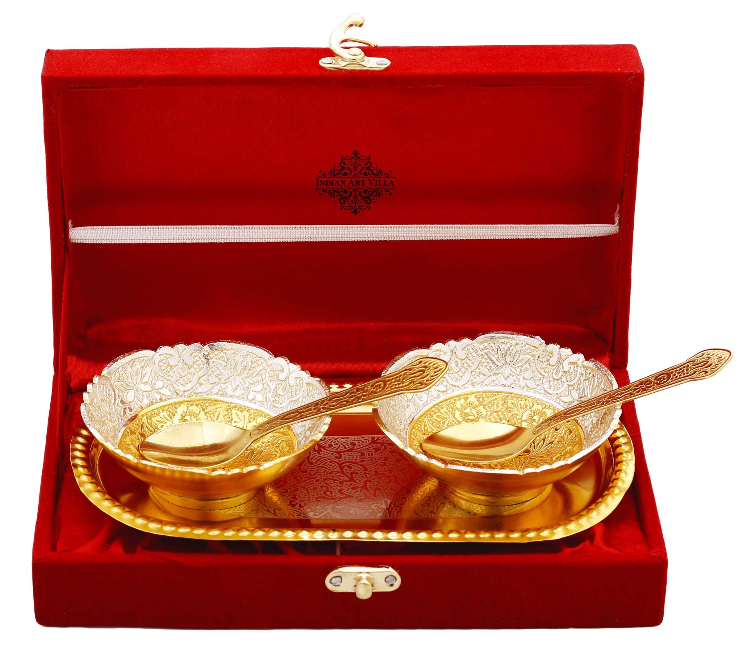 INDIAN ART VILLA Silver Plated Gold Polished Decorative Embossed Bowl Set with 2 Spoons & 1 Tray, Service for 2, Festive Gifts-image-6