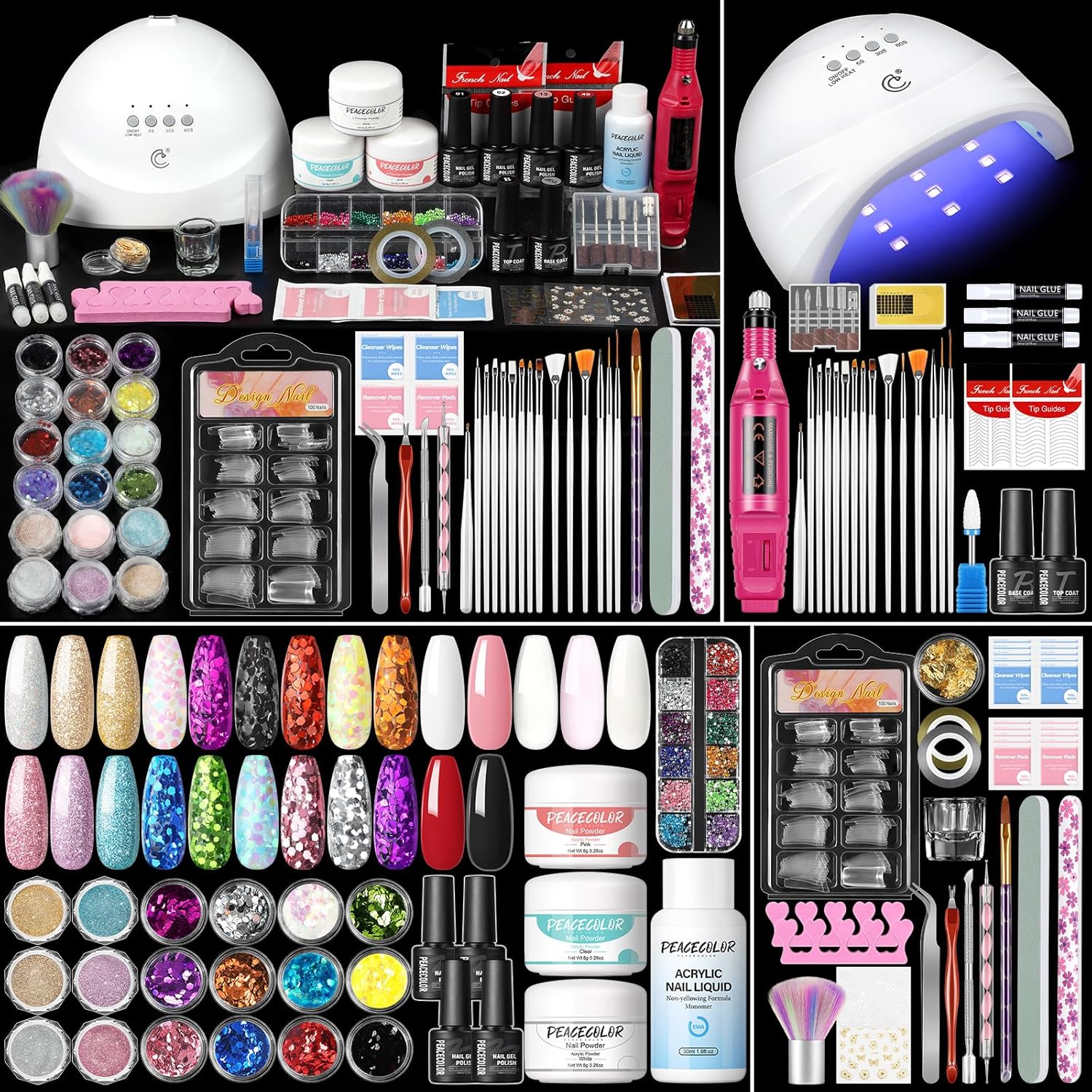 Peacecolor Acrylic Nail Kit for Beginners with Everything ,Professional Nail Kit Acrylic Set with Drill U V Light 21Pc Glitter Powder Gel Polish Decorations Gel Nail Gift Set for Home Salon