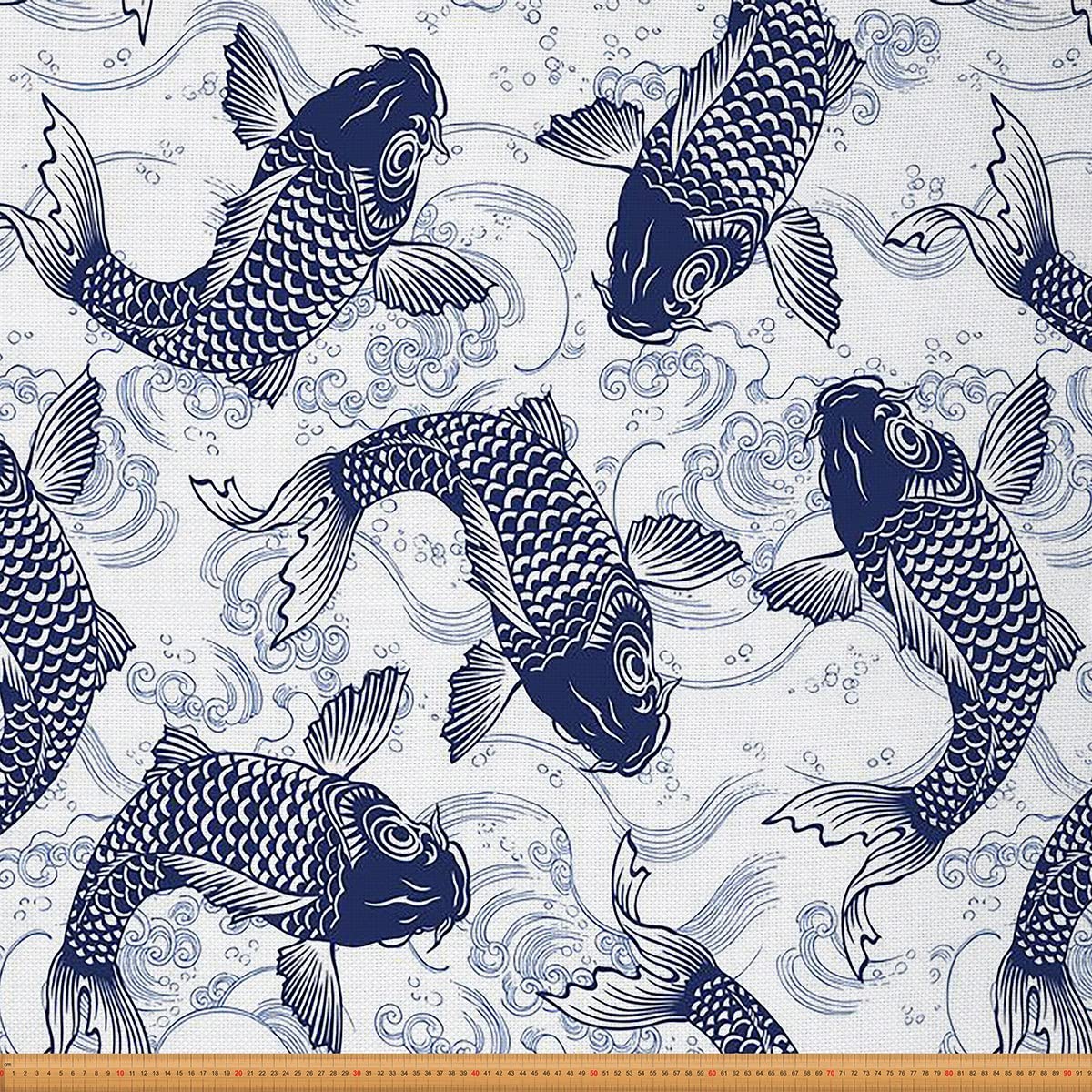 Japanese Koi Fabric by The Yard, Ocean Wave Upholstery Fabric for Chairs, Hokusai Ukiyoe Exotic Carp Fish Marine Sea Decorative Waterproof Outdoor Fabric, Blue White, 5 Yards