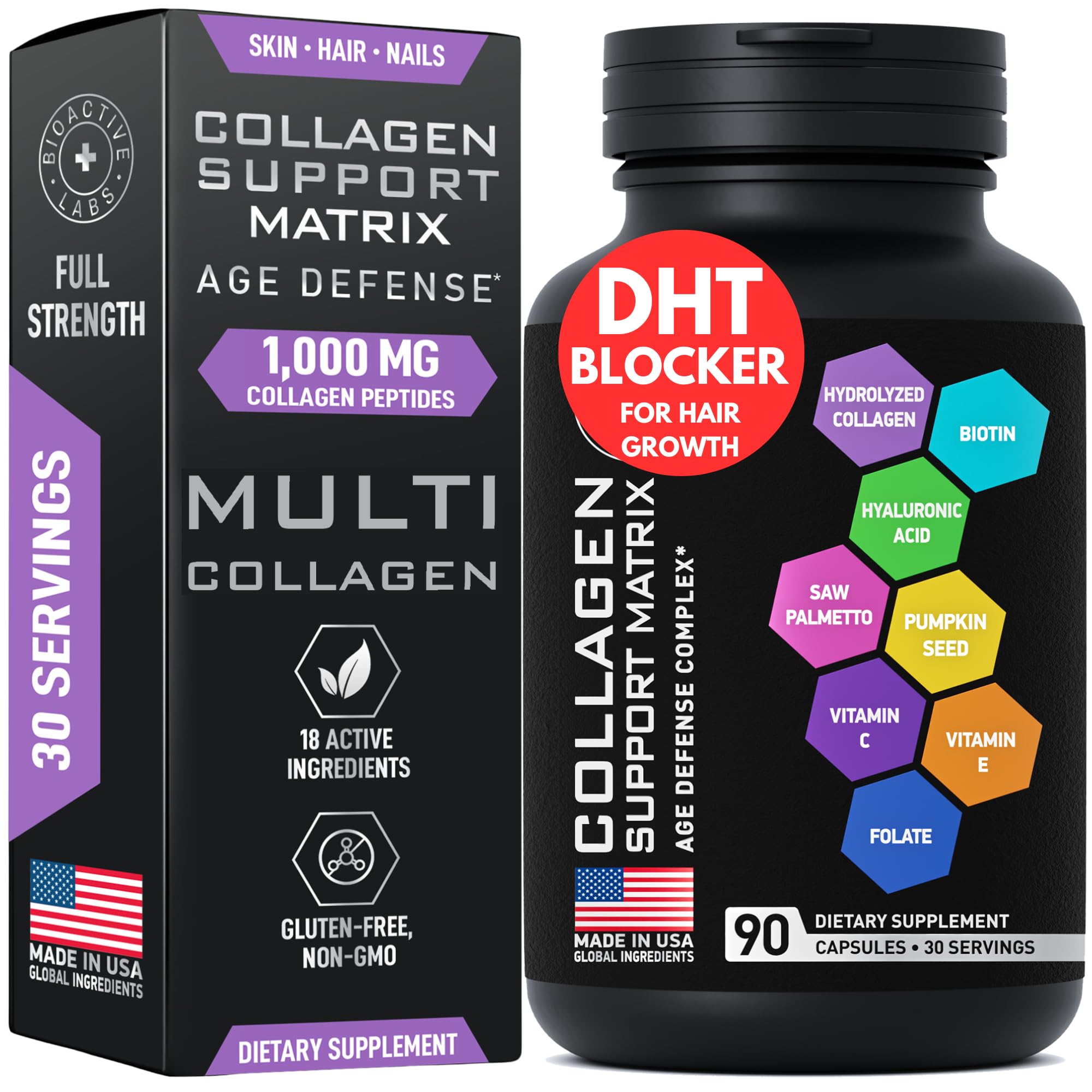 Age Defense Beauty Collagen Matrix - 2,000mg Multi Collagen Biotin Keratin Hyaluronic Acid Saw Palmetto Vitamin C Supplement Complex - DHT Blocker for Men & Women for Hair Growth - 90 Gluten-Free Caps