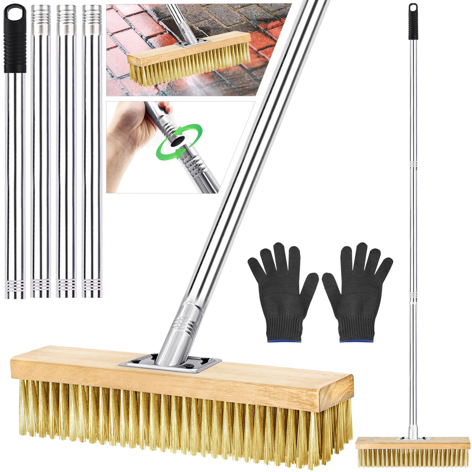 TZEKING Scopa Metallica per Giardino con Manico 150cm, Spazzola con Setole Metalliche Rigide 30cm,per Muschio e Macchie Ostinate