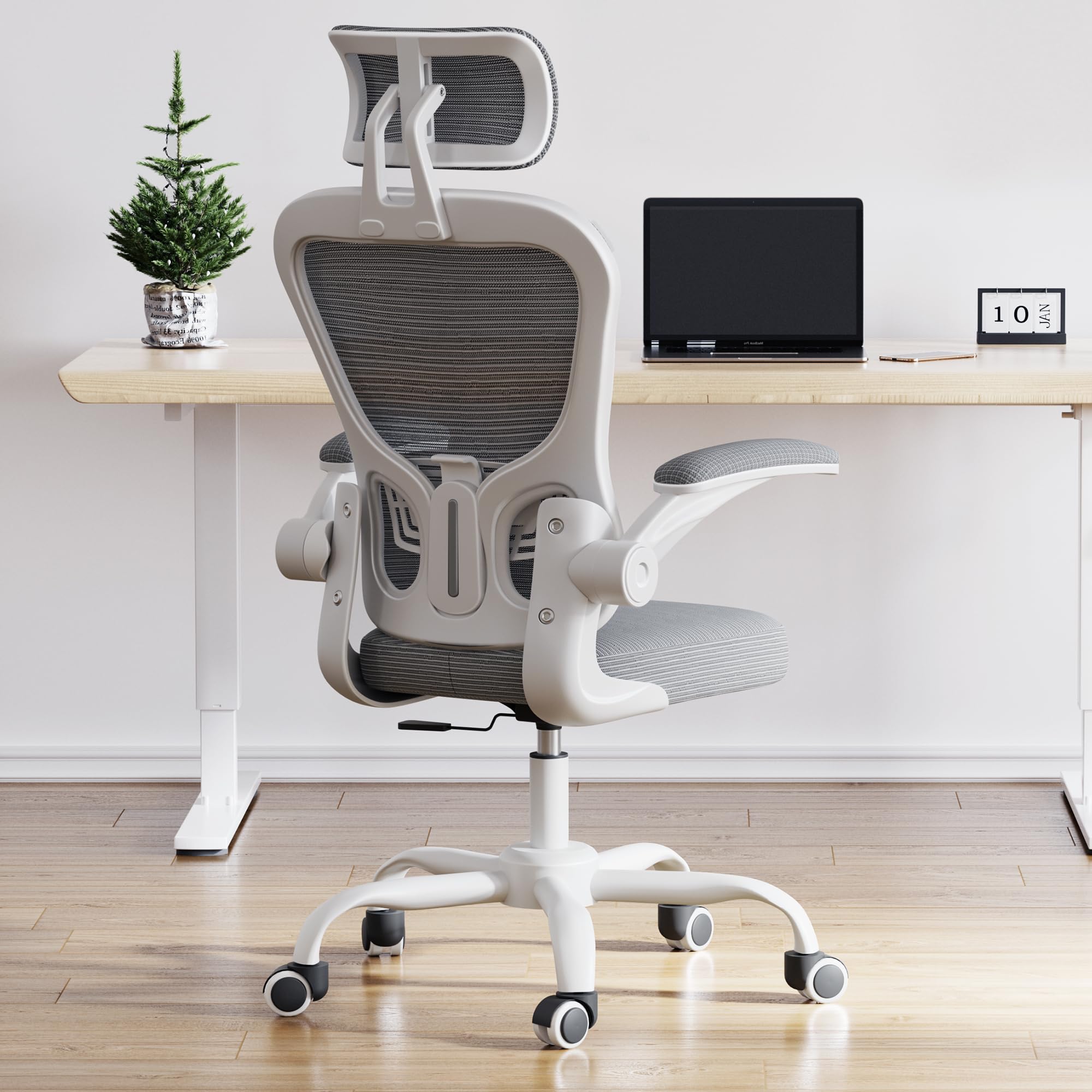 Ergonomic Office Chair with Adjustable Headrest & Lumbar Support - 400lbs Heavy Duty White Computer Desk Chair, Breathable Mesh Back, 360° Swivel & Silent Wheels for Home Office (Gray & White)