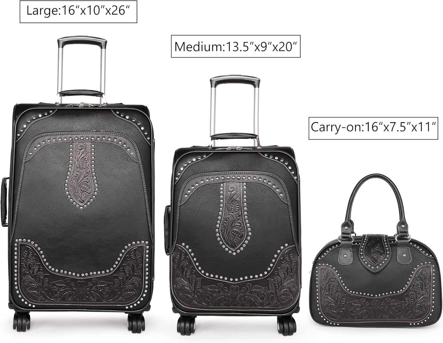 review Montana West Western Tooling Luggage 3 Piece Sets Suitcase Embossed Vegan Leather Spinner Wheels Carry On Duffle Bag for Travel Black MBB-WRL-L1-2-3 BK