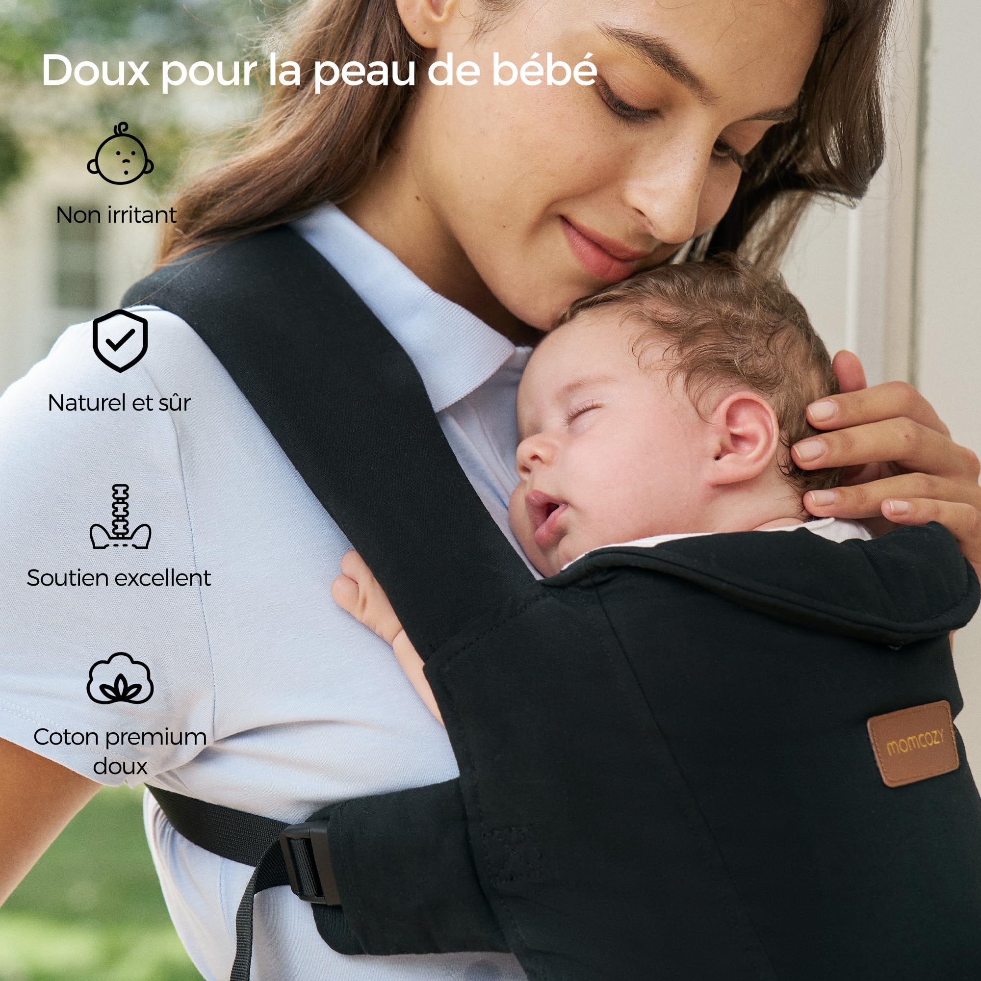 Momcozy Porte-bébé nouveau-né dès la naissance | Aide ergonomique avec appui-nuque | Léger et sûr (3 à 11 kg), Noir