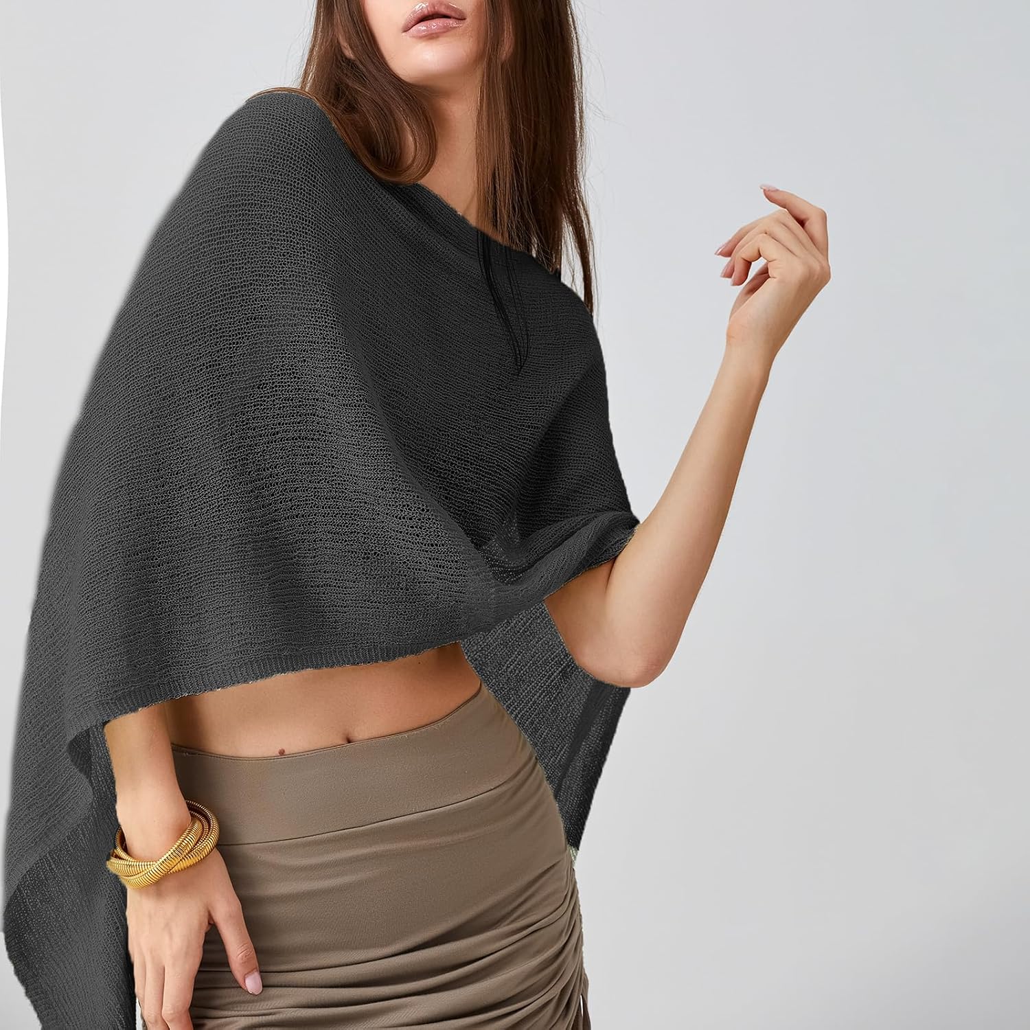 Women Sheer Poncho Top Lightweight Knit Crochet Shrug Bolero Mesh Batwing Sleeve Sweater Cover Up Beachwear - Image 3