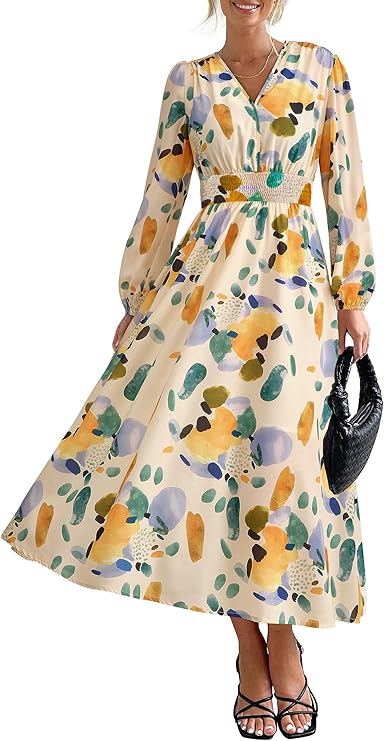 PRETTYGARDEN Women's Floral Midi Dress Casual Fall V Neck Long Sleeve Flowy Spring Beach Wedding Guest Vacation Dresses