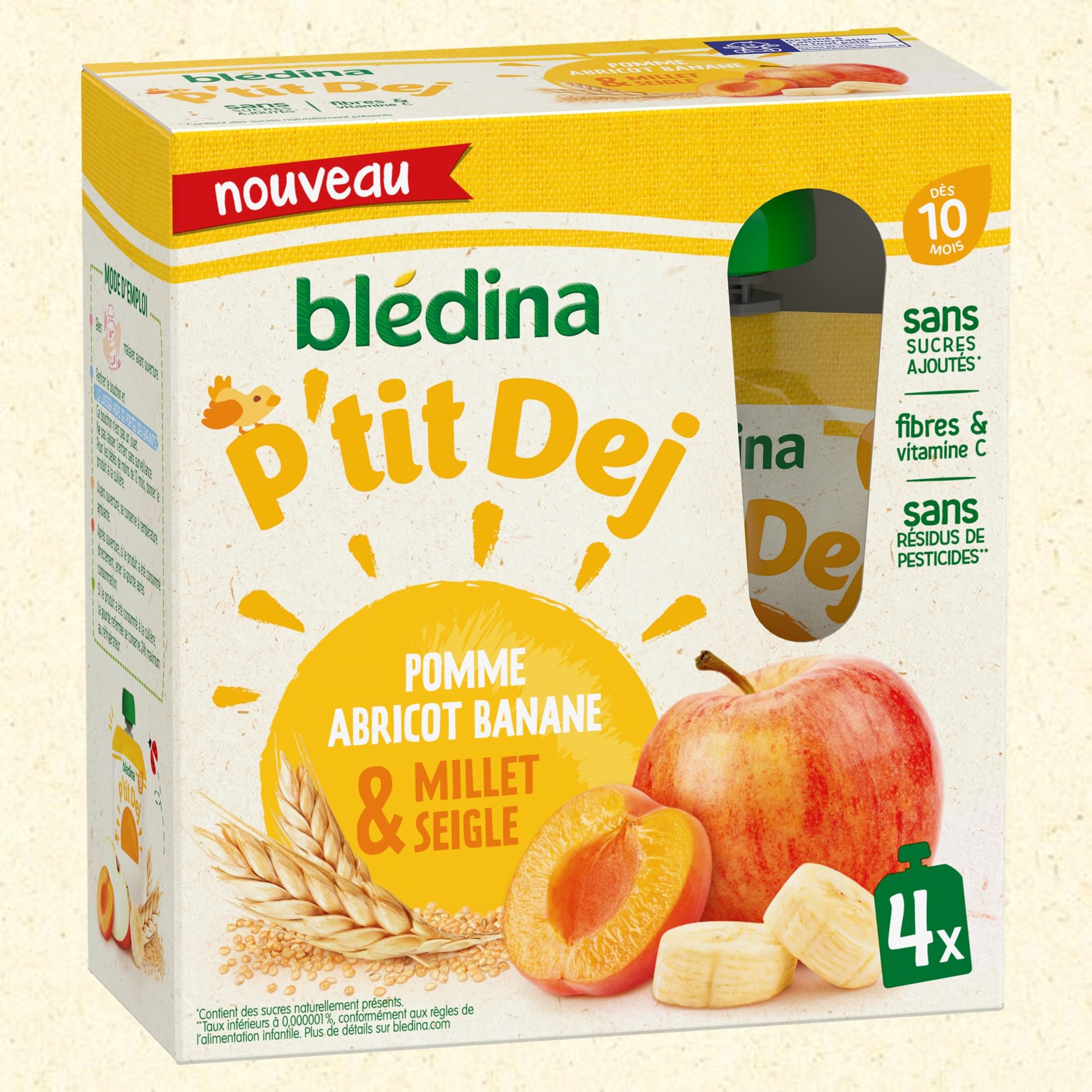 BLÉDINA - Gourdes de Purées de Fruits - Petit Déjeuner de Bébé - Pomme Abricot Banane Millet et Seigle - dès 10 Mois - 16 x 85 g
