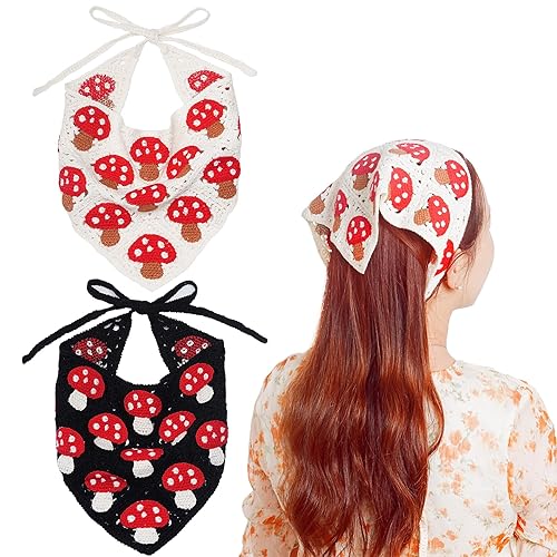 hoyuwak 2 bandanas de ganchillo para la cabeza, bufandas para el cabello para mujeres y niñas, accesorios de pelo de hongos de punto para decoración
