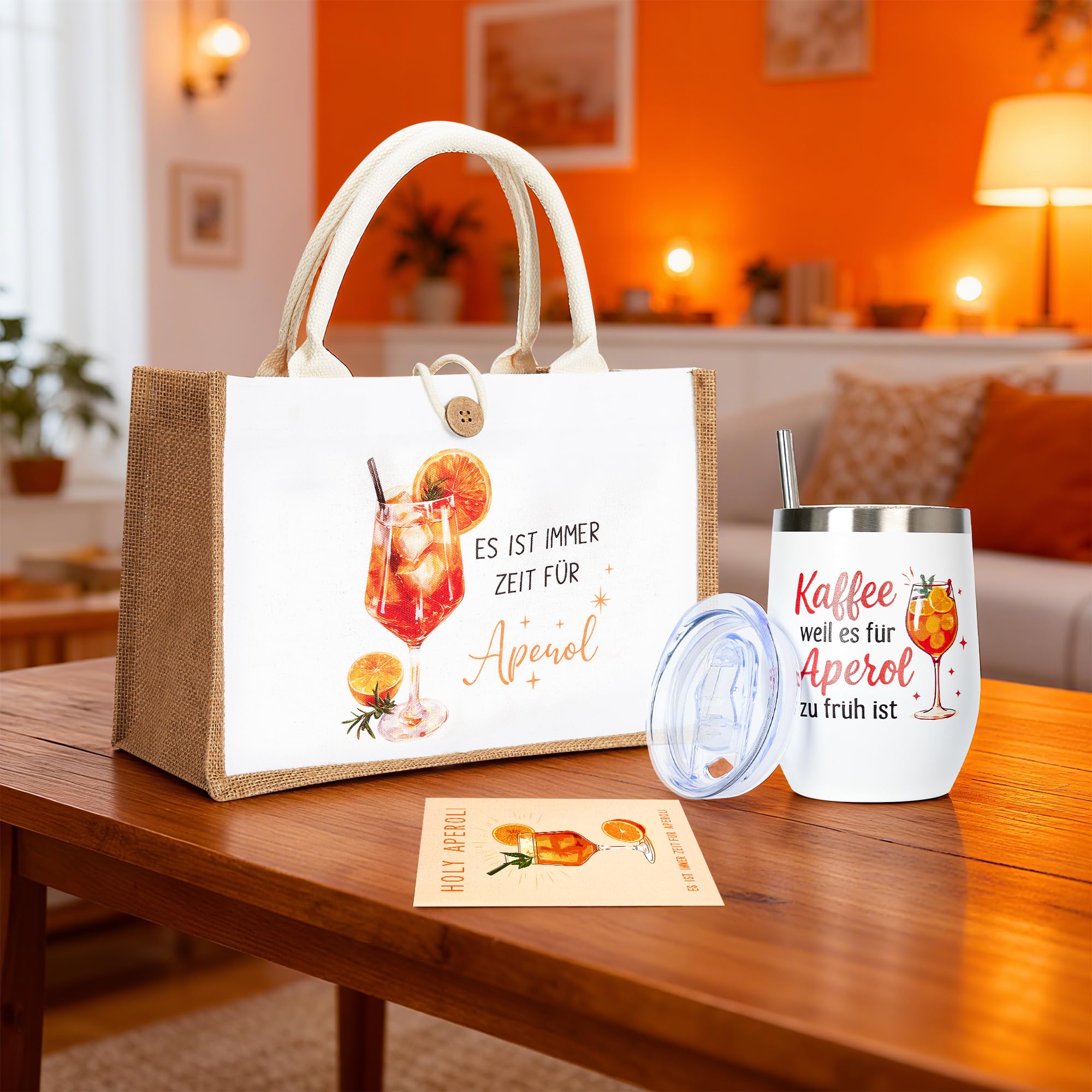 3-teiliges Spritz-Geschenkset für Apéro– Edelstahl Weinbecher 350 ml mit Deckel & Strohhalm, XXL Jute Strand-/Geschenktasche 32×22×13 cm, Premium Geburtstagskarte – Sommer, Party, Freundin, Damen