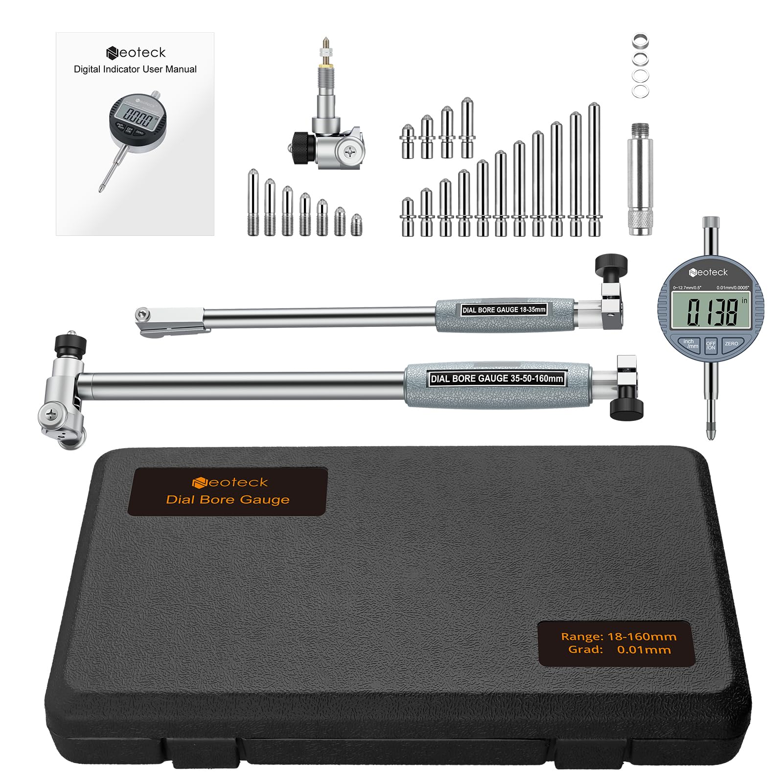 Neoteck Set di Comparatori per Alesaggio 18-160mm con Indicatore Digitale 0~12,7mm/0,5" e Custodia ABS
