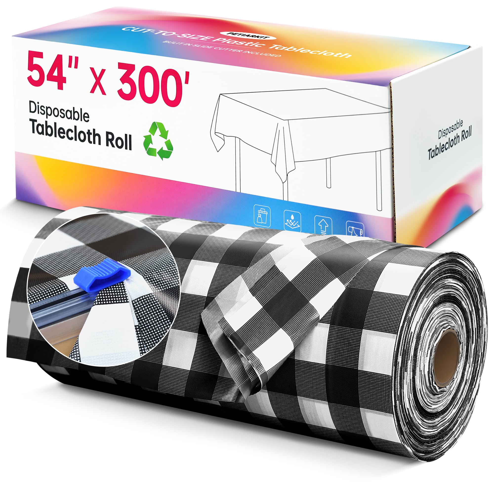 Plastic Table Cloth Disposable, 54In X 300Ft Table Cover Roll, Disposable Tablecloth with Slide Cutter for Rectangle Round Tables, Party Tablecloths for Birthday, Wedding, Picnic, Party (Black Plaid)