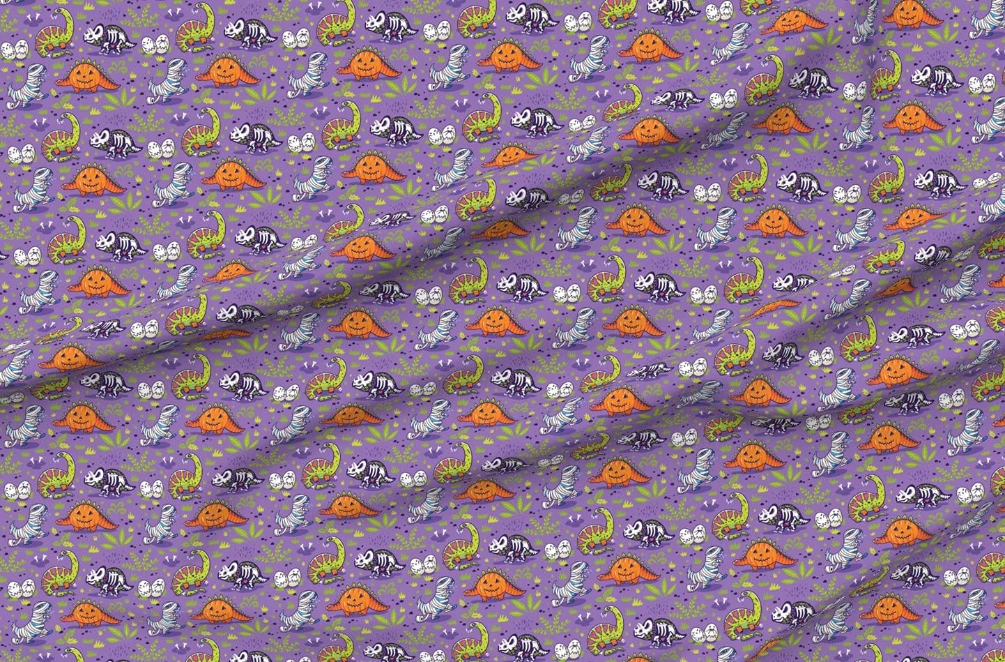 Spoonflower Fabric - Halloween Dinosaurs Dino Pumpkin Skeleton Dinos Purple Green Vintage Printed on Organic Cotton Sateen Fabric by The Yard - Sewing Quilting Apparel Home Decor