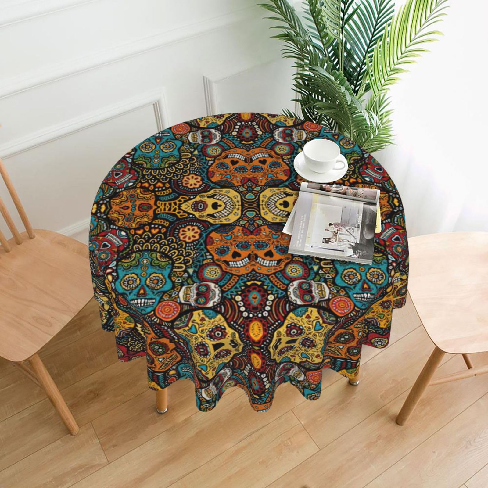 VCzsdff Colorful Sugar Skulls Print Stain Resistant Round Tablecloth 60in Family Friendly Polyester Cloth for Kids Meals