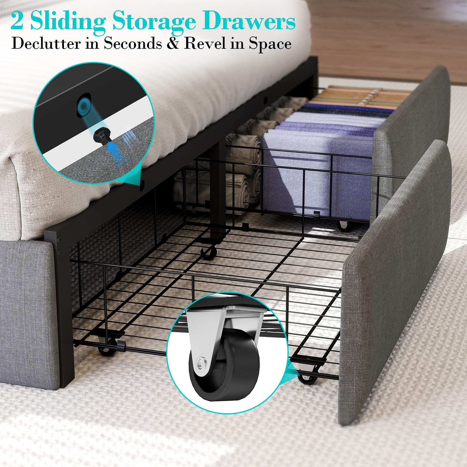 Queen Bed Frame with 2 Storage Drawers, Platform Bed Frame Queen Size with LED Light, Upholstered Headboard, Charging Station, Steel Slat Support, No Box Spring Needed, Noise-Free, Easy Assembly, Gray: Full Button Tuffed & 2 Drawers