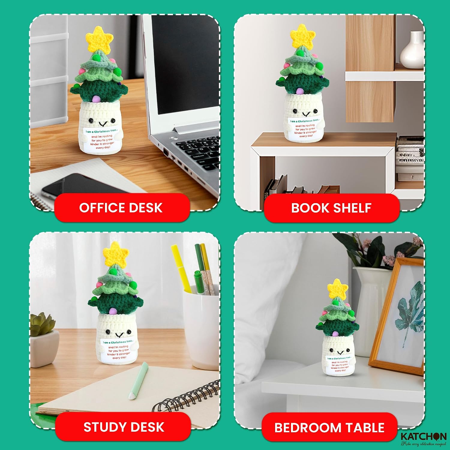 KatchOn, Positive Christmas Crochet Tree | Desk Christmas Decorations for Office, | Winter Gifts, Crochet Inspirational Gifts | Crochet Stocking Stuffers | Emotional Support Crochet