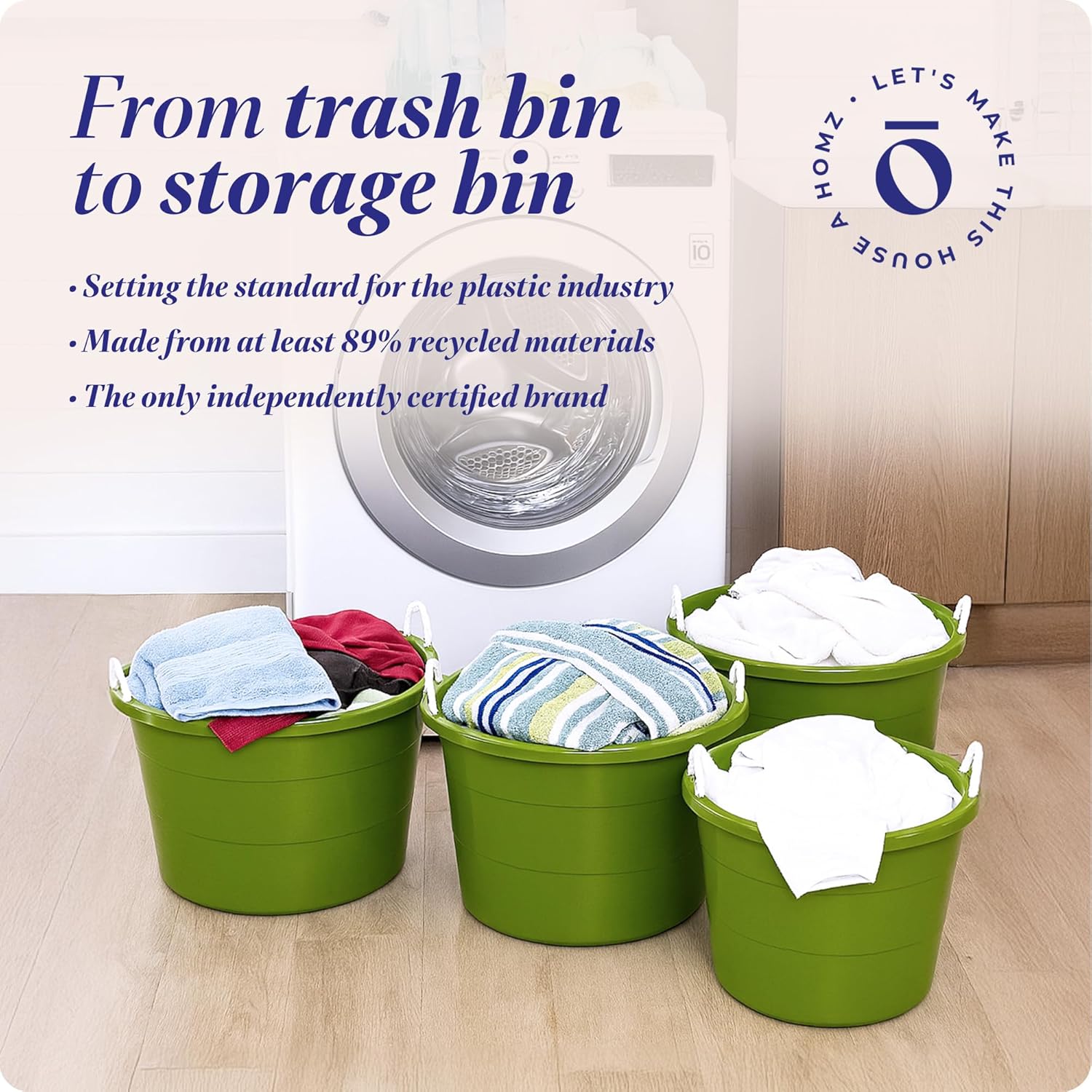 HOMZ 4-Pack Utility Tub, Large Plastic Storage Bucket with Rope Handles, 17 Gallon, Green - Portable Indoor and Outdoor Buckets for Kitchen, Laundry, Garden, Bathroom, and Garage Organization