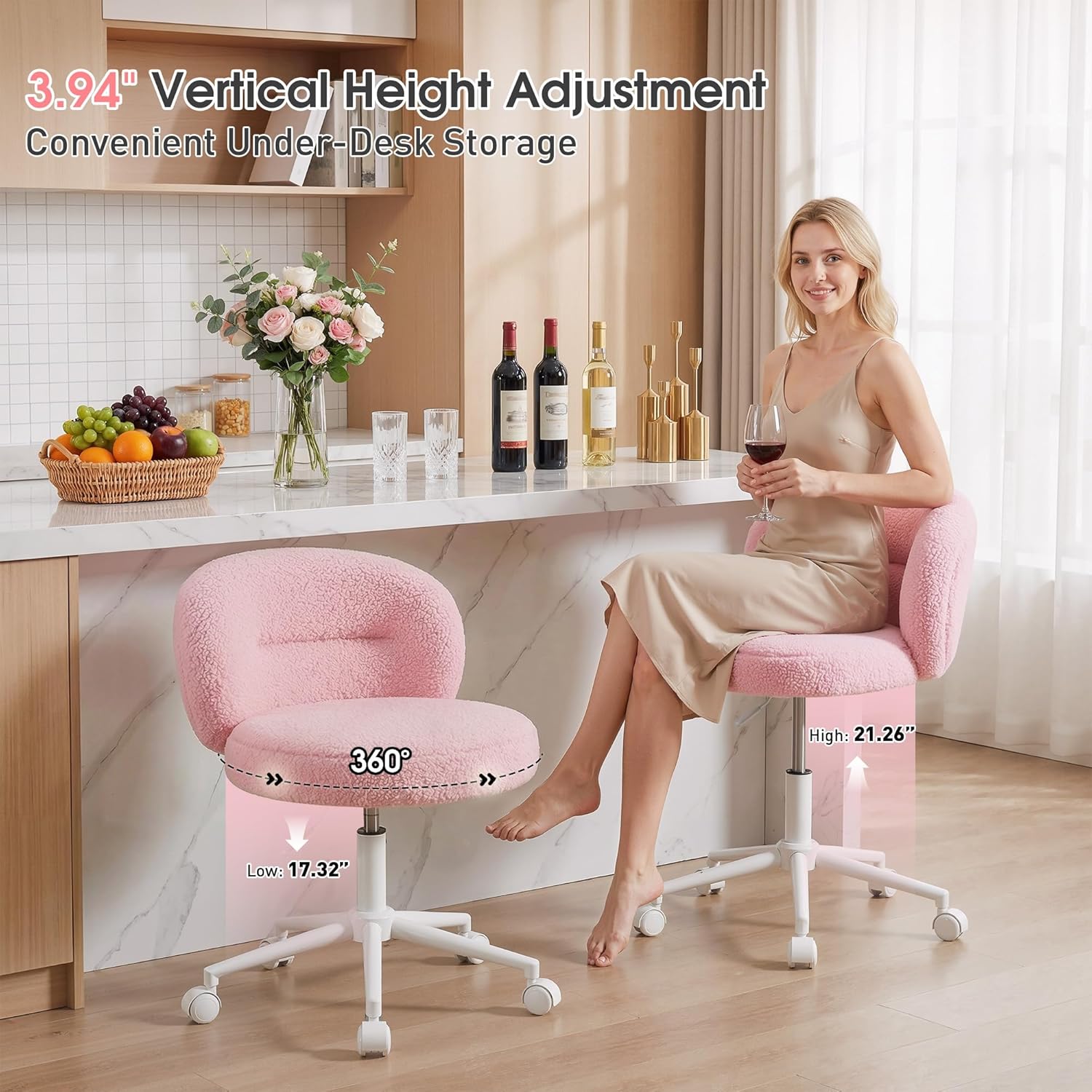 Small Round Vanity Chair, Armless Home Office Desk Chairs with Back, Height Adjustable & 360° Swivel, Cute Comfy Vanity Computer Chair for Bedroom, Home Office, Pink