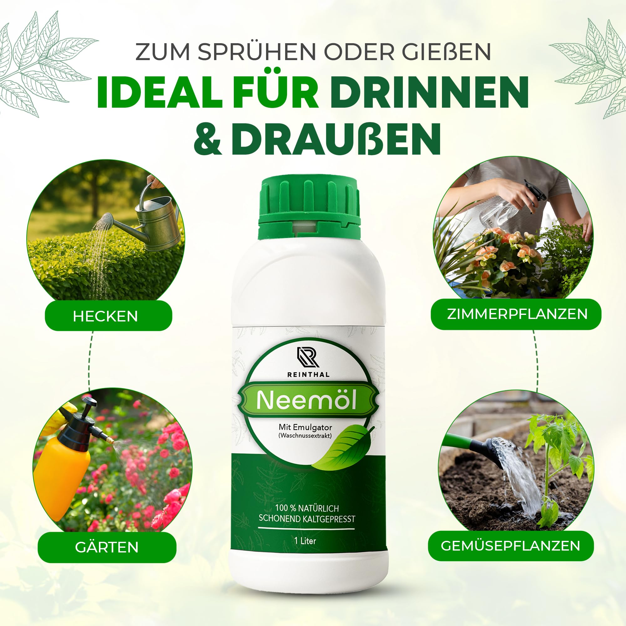 Huile de neem avec émulsifiant 1000 ml – Avec accessoires de qualité supérieure en 3 parties – Soin naturel des plantes – Donne 120 l d'huile de neem en spray prête à pulvériser – Huile de