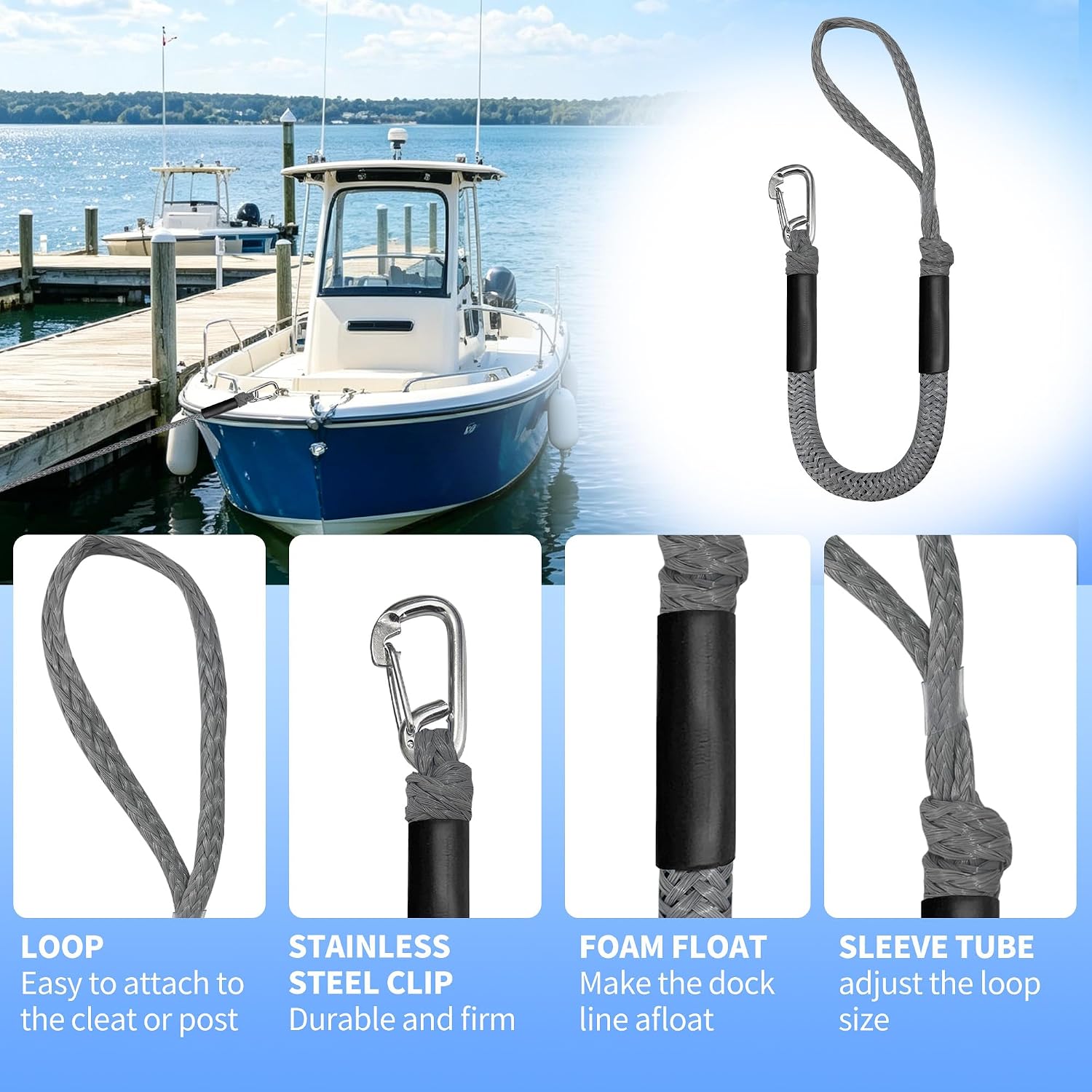 2FT Boat Dock Line Shock Absorbing Mooring Bungee Dock Lines for Boats Accessories Ideal for SeaDoo, Kayak, Pontoon, Power Boat 2PCS (Grey, 2FT-Single Clips)
