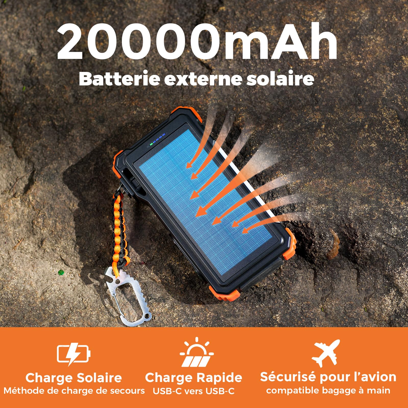 BLAVOR Chargeur Solaire avec Câbles Intégrés 20000mAh Batterie Externe Solaire 20W USB C Battery Pack avec Lampe Camping, Lampe Poche pour Téléphones Portables, Charge sans Fil pour Apple Watch