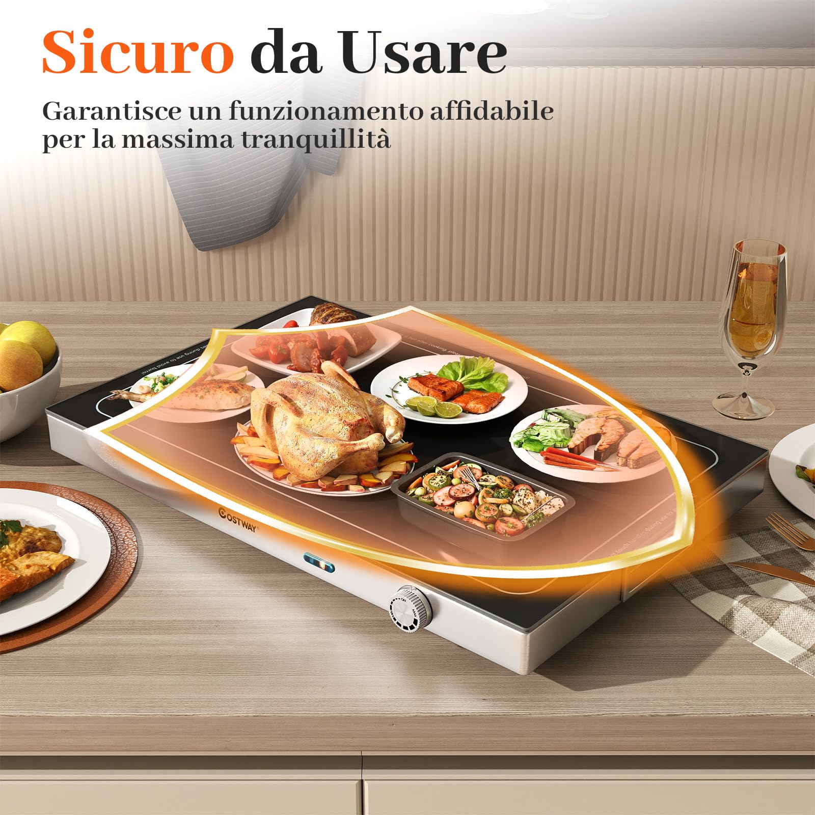 COSTWAY Vassoio Riscaldante Elettrico, con Temperatura Regolabile, Scaldavivande in Vetro Temperato con Termostato per Buffet, Feste ed Eventi, 50 x 29 cm