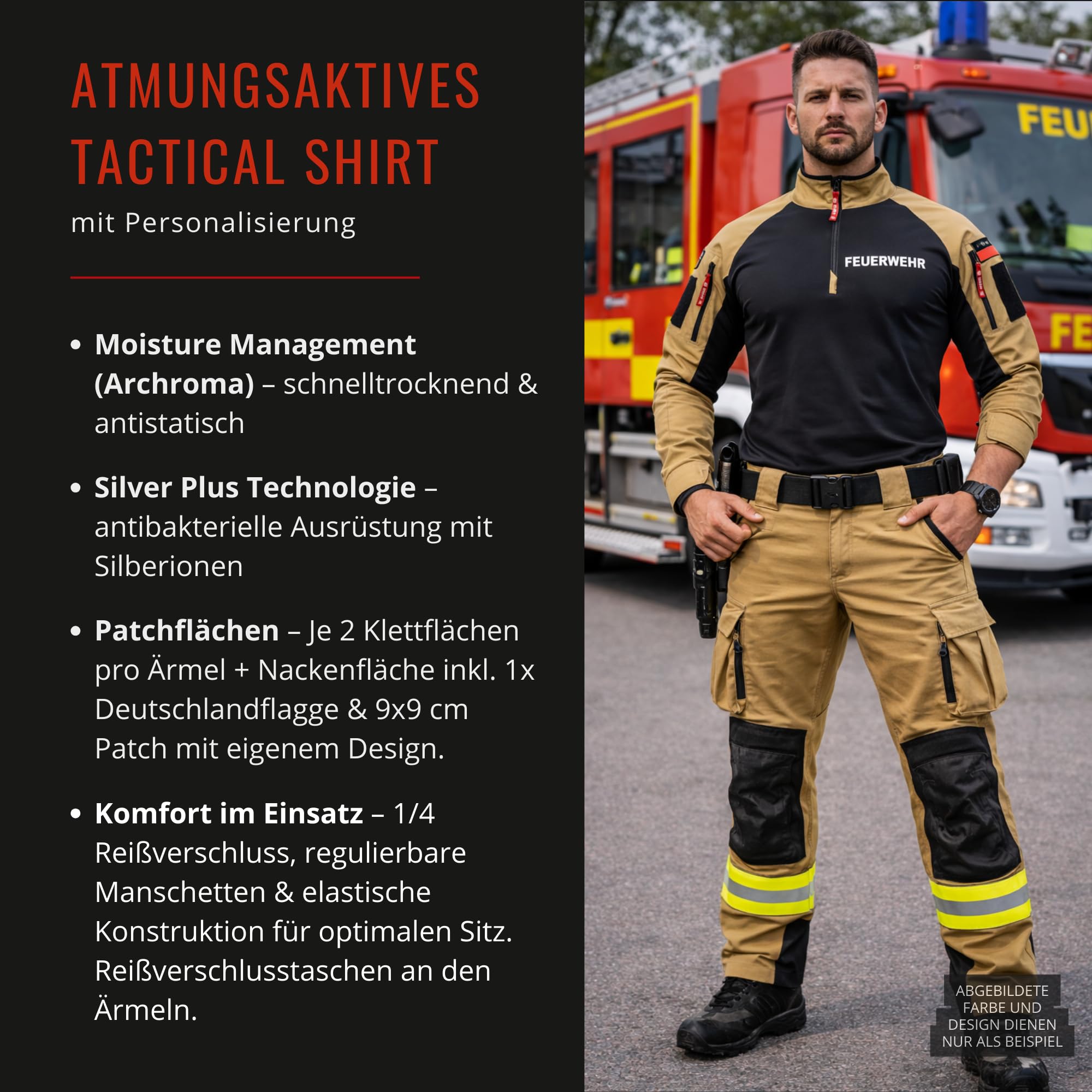 Feuerwehr Shirt Herren Langarm Tactical – Personalisiert Combat Shirt mit Patch, 1/4 Zip & Reißverschlusstaschen