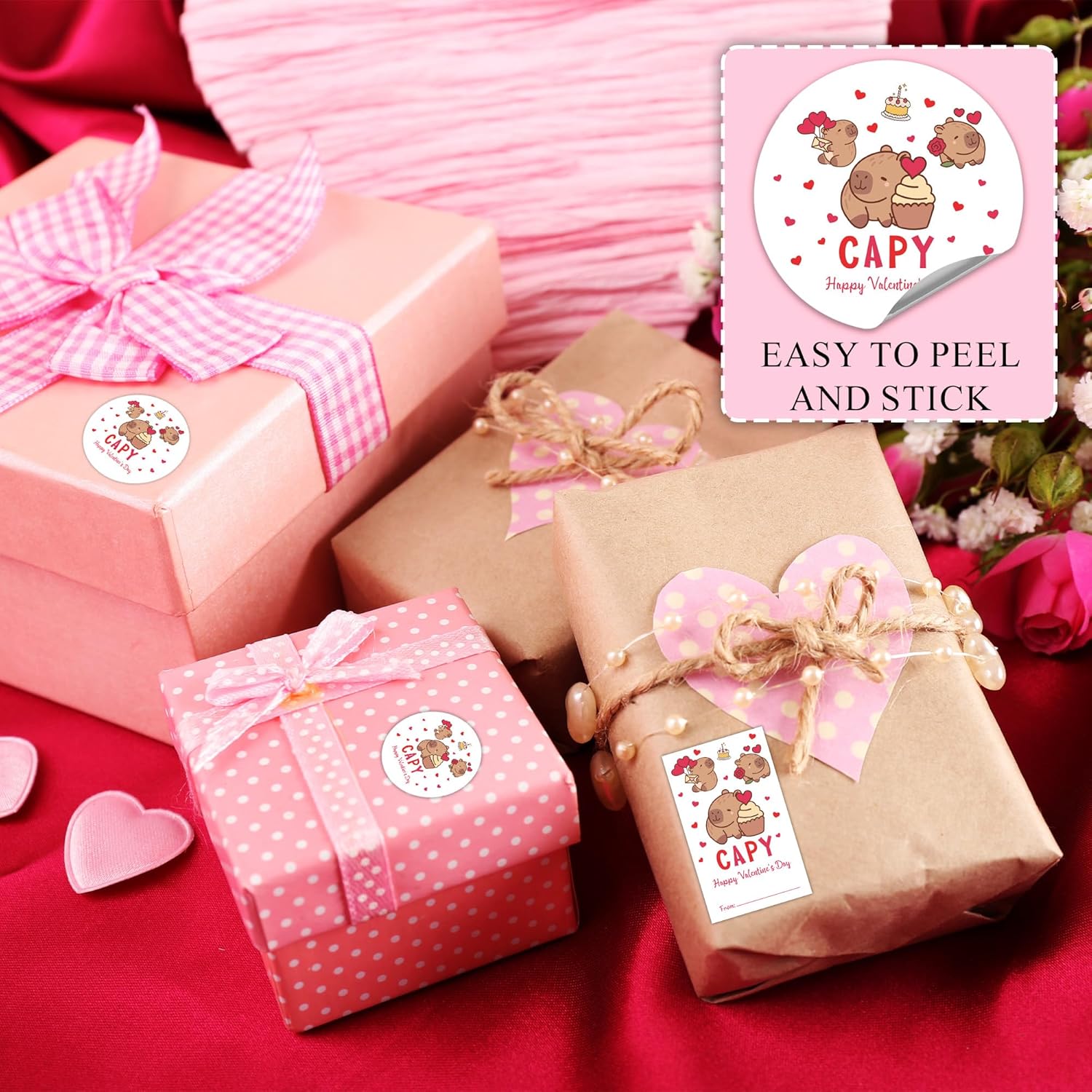 Valentine's Day Gift Stickers, Capybara Pattern Self- Adhesive Labels for Classroom Friend, Valentines Favor for Gift Wrapping Decoration, 20 Round & 20 Rectangular Set