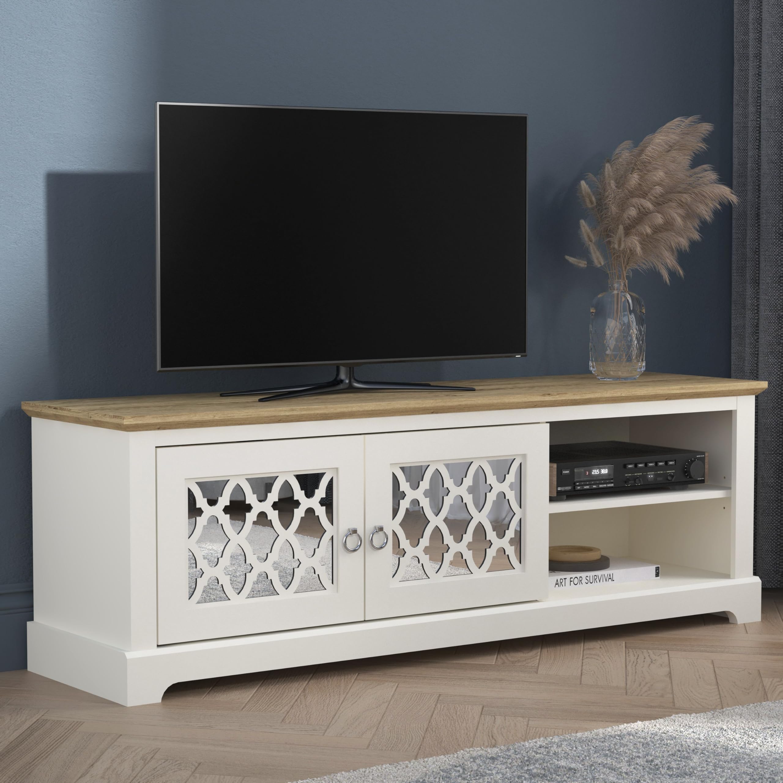 Meuble TV Galano Novara 150 Cm Gris - Pour TV Jusqu'à 65", 2 Portes, Style Industriel, Grand Rangement Salon