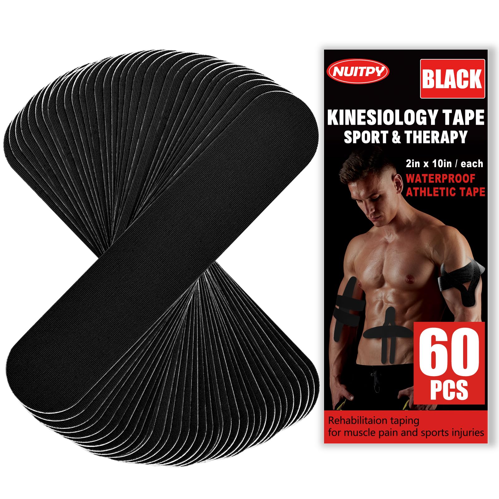 60 Pcs Black Precut Kinesiology Tape Strips, 2in x 10in Kinetic Tape
