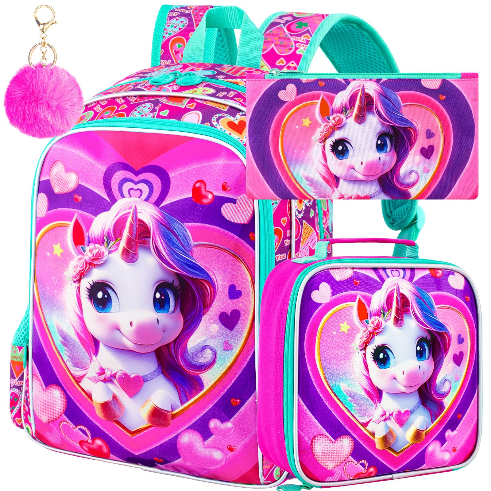 TXHVO 16" Backpack for Girls Boys 4-8, 3Pcs Kids Bookbag Set with Lunch Box, School Bag for Preschool Kindergarten