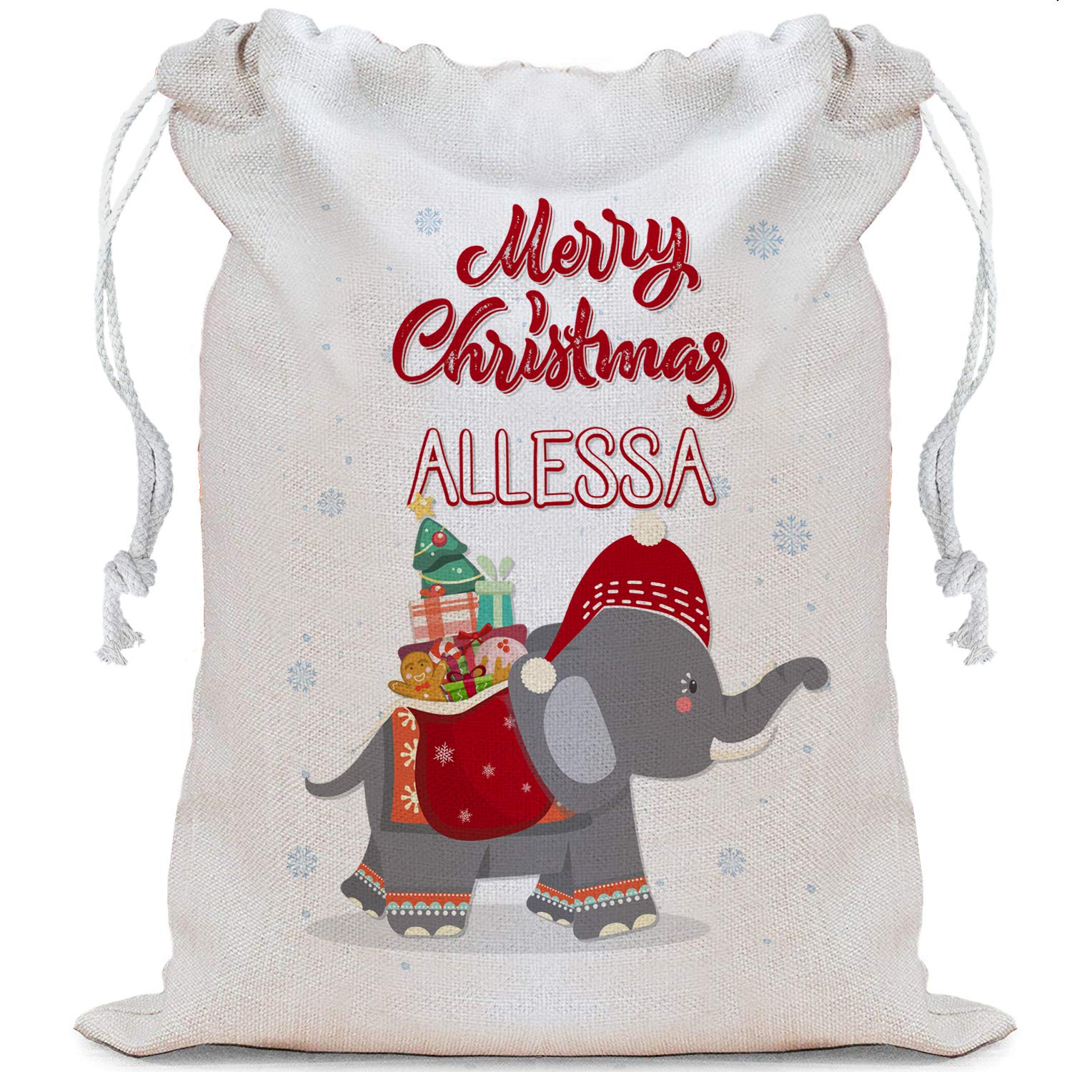 Getagift Red Personalised Elephant Snowflakes Themed Linen Santa Sack With Drawstrings Present-Toy Bag, Stoking Filler Gift Bag.