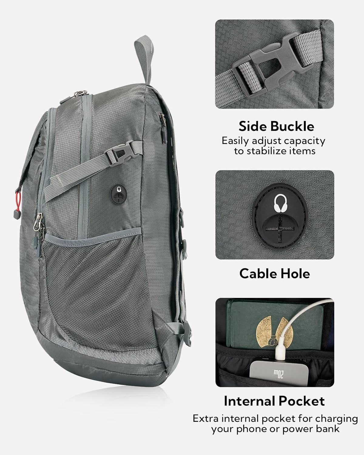 WATERFLY Lightweight Packable Hiking Backpack: 30L Foldable Travel Daypack Ultralight Camping Day Pack for Woman Man Grey - Image 4