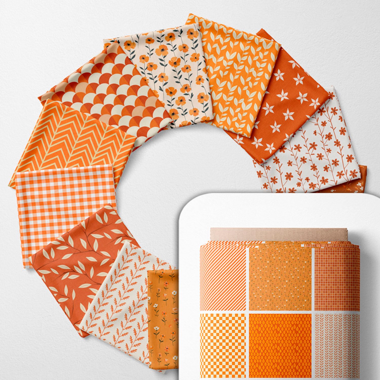 Cotton Satin Patchwork Fabric Panel – 35 Designs, 20×20 cm Squares, Single Piece 150×110 cm, Terracotta Orange Quilt Fabric(Sunset Orange Floral Patchwork Set, 35pcs 8x8 inch)