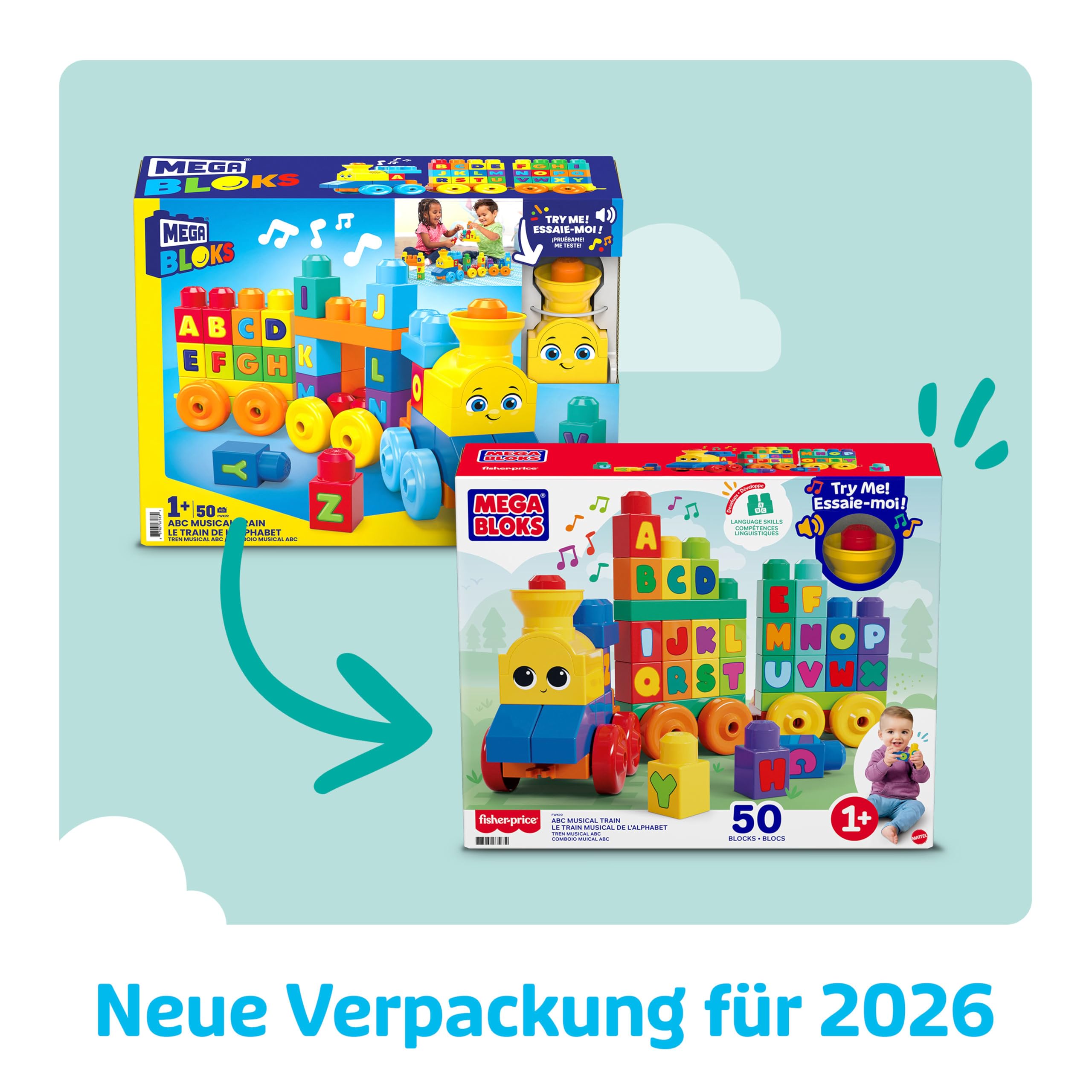 MEGA BLOKS ABC Musikzug - mit Musik und Geräuschen zum Lernen des Alphabets, 50-teiliges Spielset mit beweglichen Rädern und Bausteinen, Buchstaben A bis Z aufgedruckt, für Kinder ab 1 Jahr, FWK22