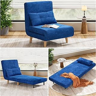 Aiho 3 in 1 Sleeper Chair, Convertible Futon Chair Bed, Velvet Sofa Bed with Adjustable Backrest, Living Room Chair for Apartment/Bedroom/Guest Room, Blue