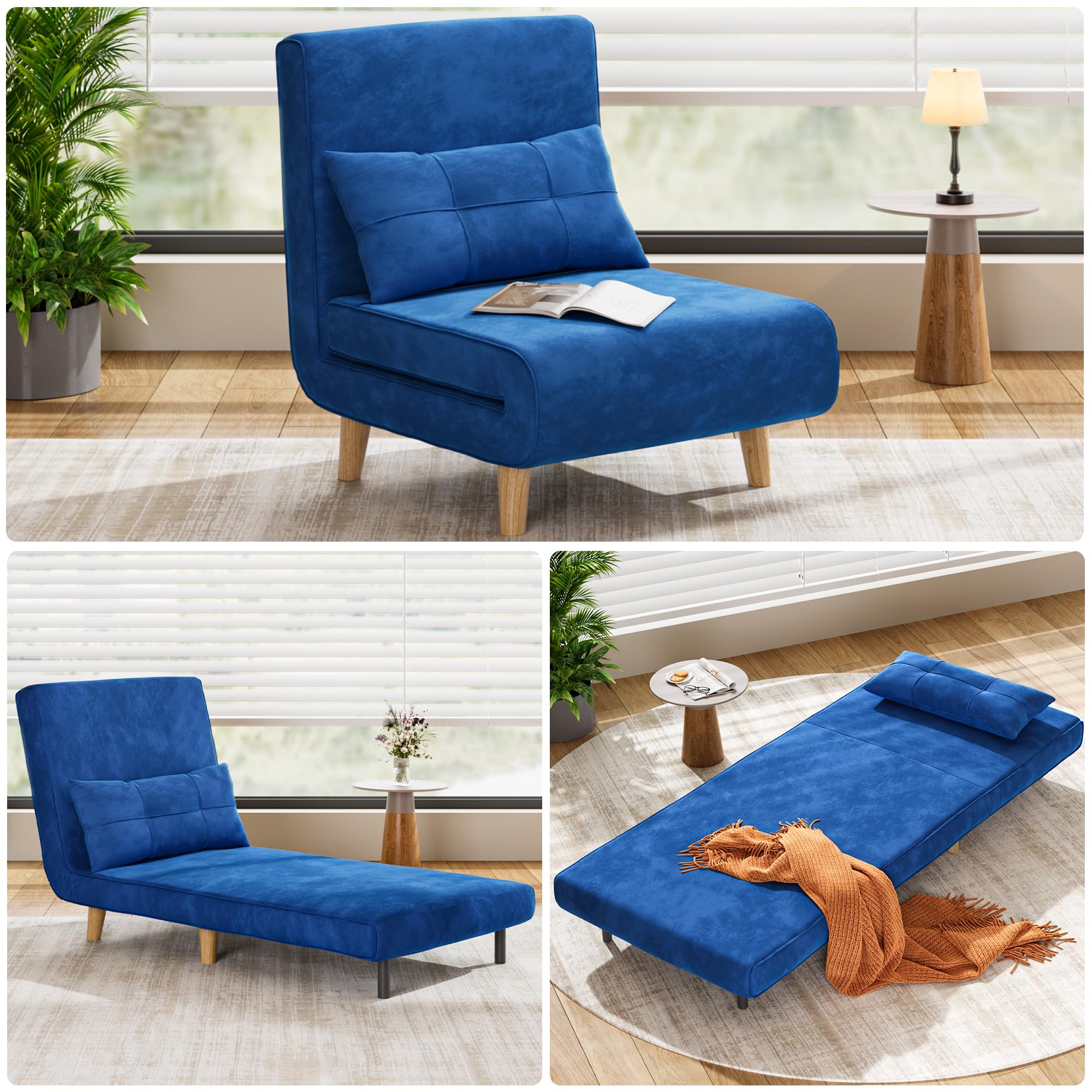 Aiho 3 in 1 Sleeper Chair, Convertible Futon Chair Bed, Velvet Sofa Bed with Adjustable Backrest, Living Room Chair for Apartment/Bedroom/Guest Room, Blue