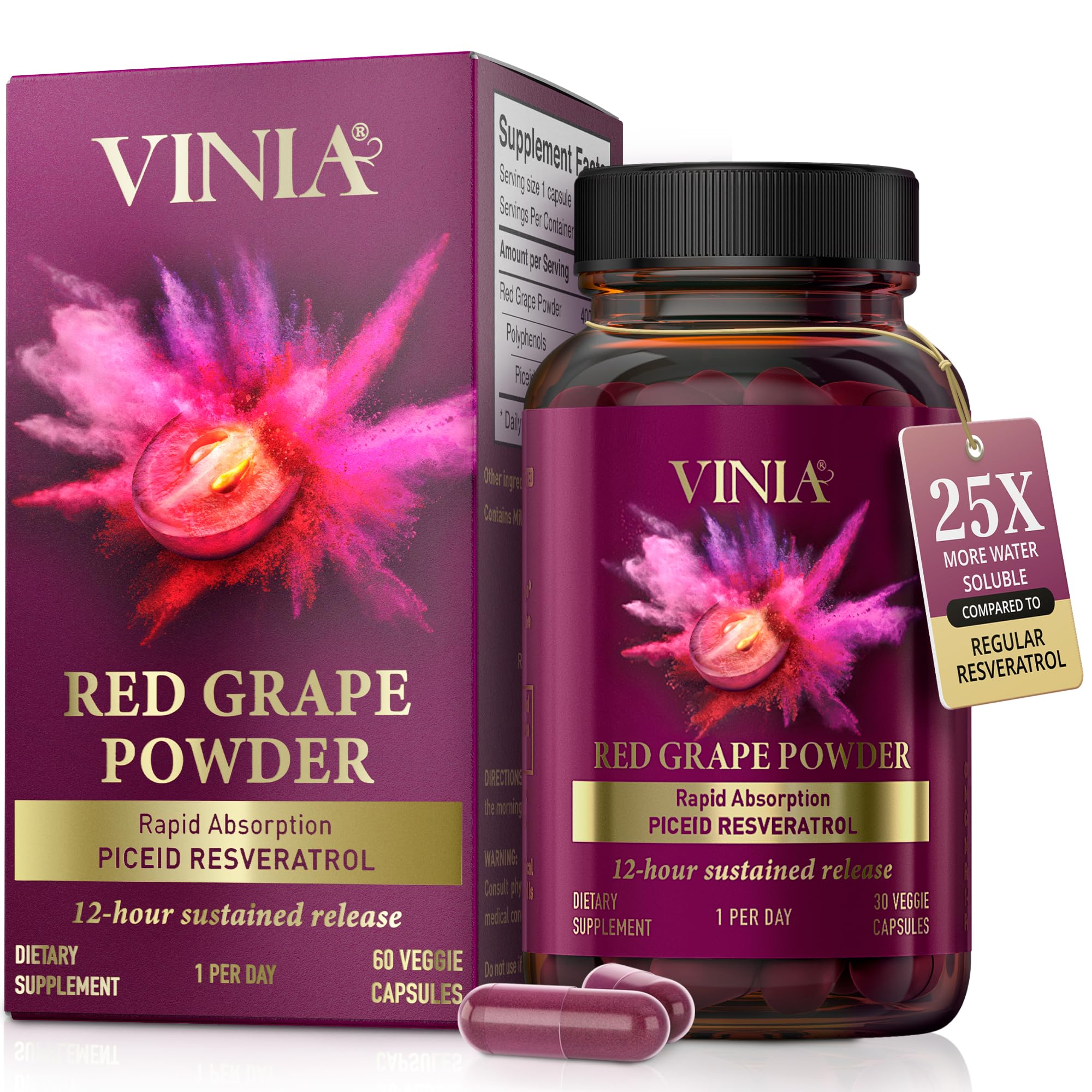 VINIA Piceid Resveratrol Supplement. Increases Blood Flow and Nitric Oxide. Blood Pressure and Heart Health Support | Antioxidant from Red Grapes | Non-GMO, 60 Count