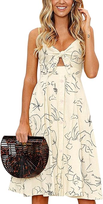 ECOWISH Women Dresses Summer Tie Front V-Neck Spaghetti Strap Button Down A-Line Backless Swing Midi Dress
