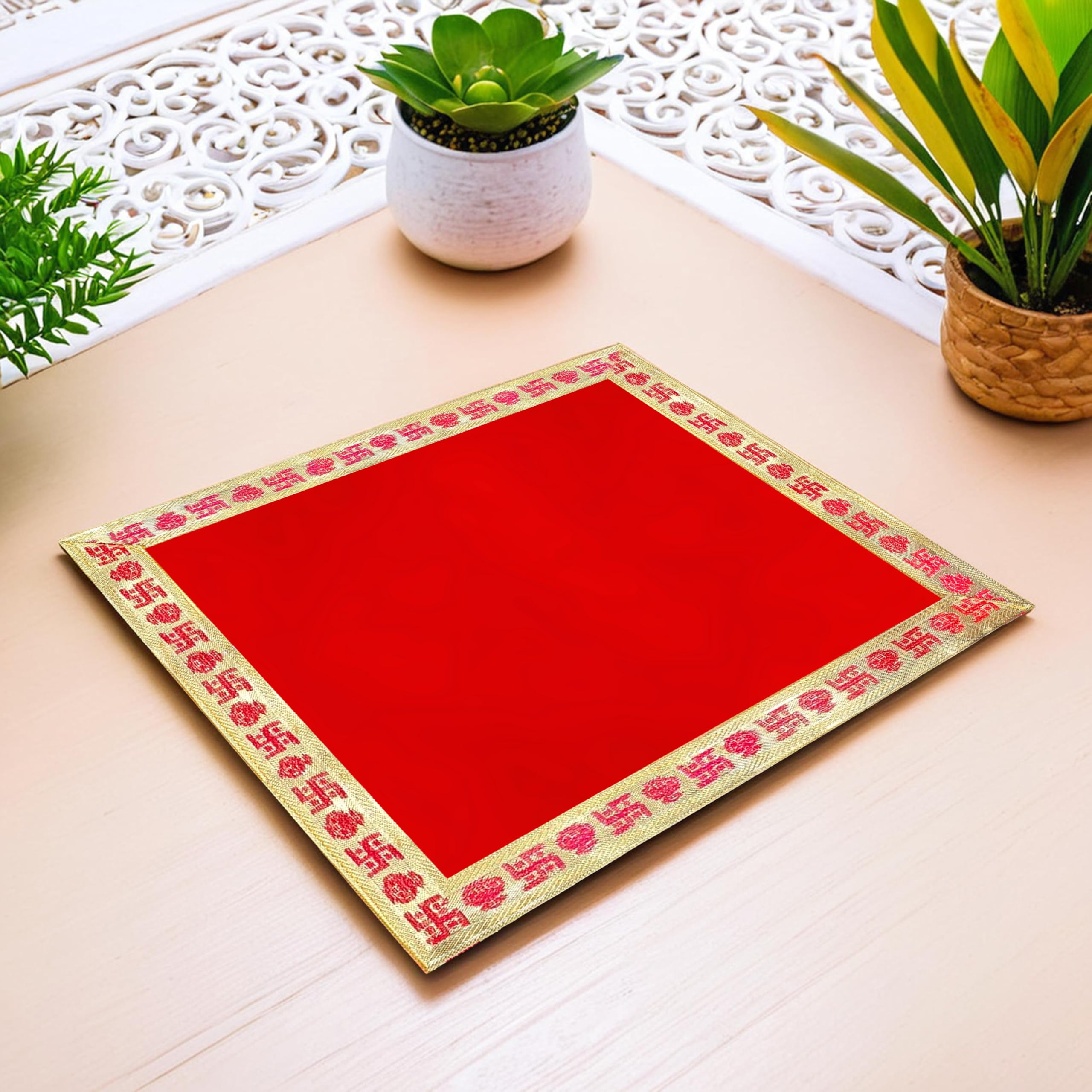 Pink Sky Velvet Aasan Mat | Pooja Aasan Mat | Golden Lace Satya Prayer Mat | Traditional Chowki Prayer Mat |Size : 12 x 12 Inch| Red (12, Square)-image-28