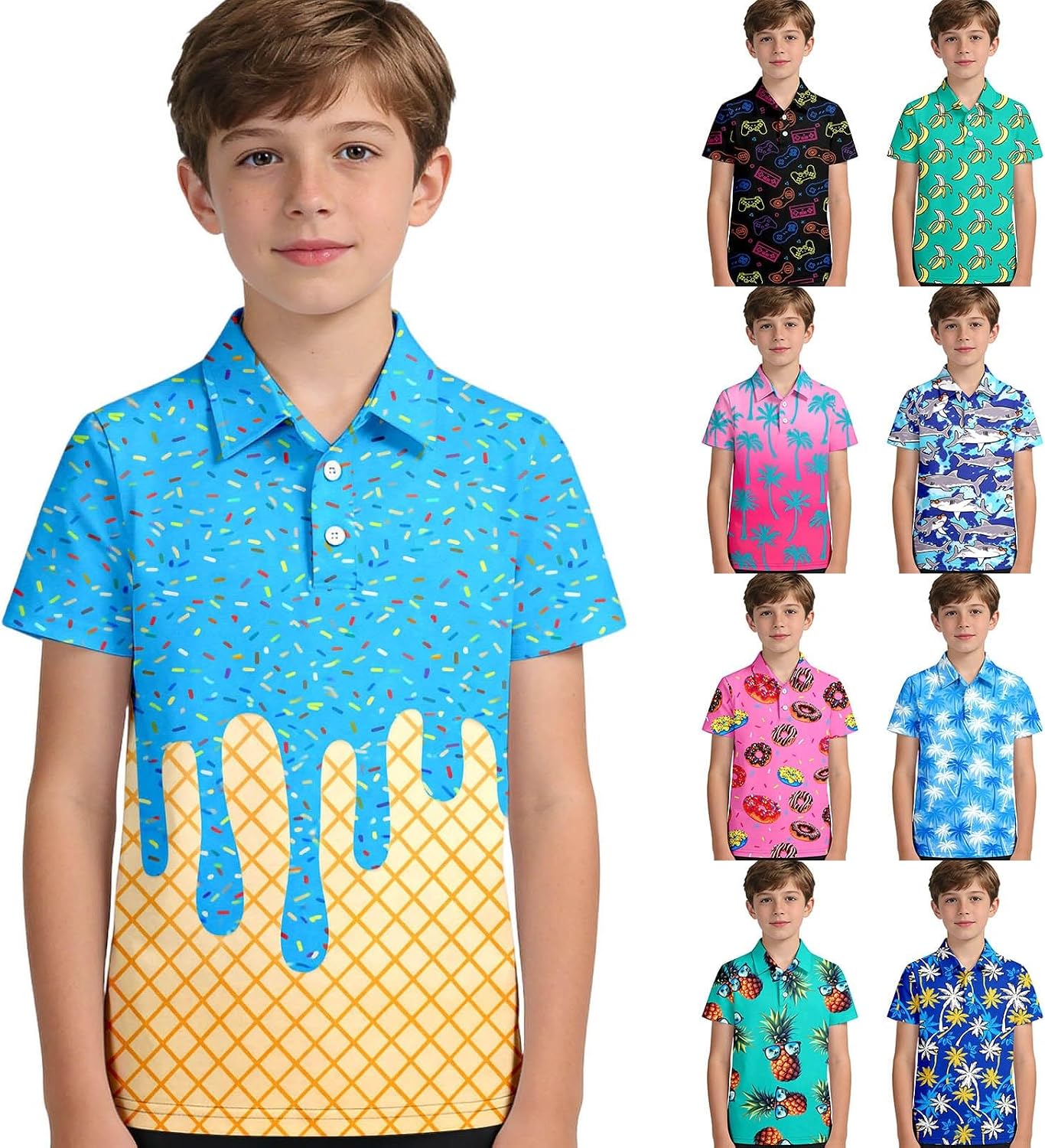 Boys Polo Shirt Funny Ice Cream Print Short Sleeve Collared Golf Clothes Kids Fashion Cool Active Shirts 3-14 Years