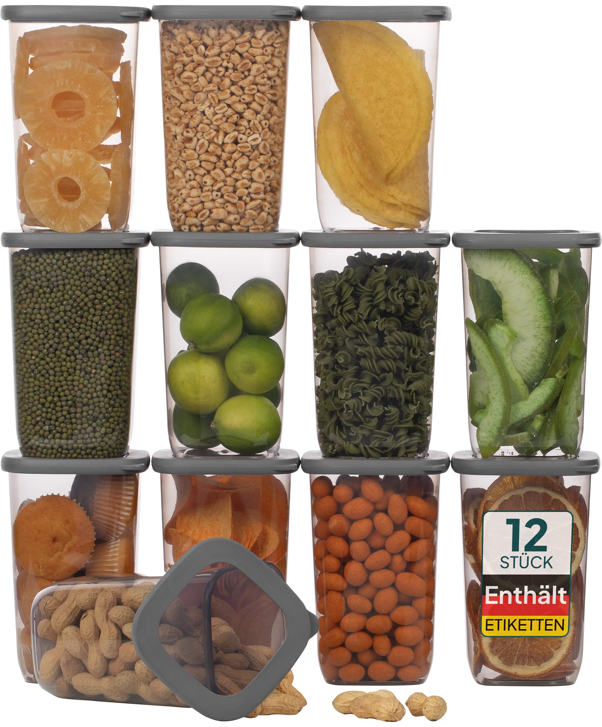 uandu Vorratsdosen mit Deckel luftdicht – 12er Vorratsbehälter Set BPA Frei, Aufbewahrungsdosen Küche für Müsli, Mehl & Zucker, Mit Etiketten