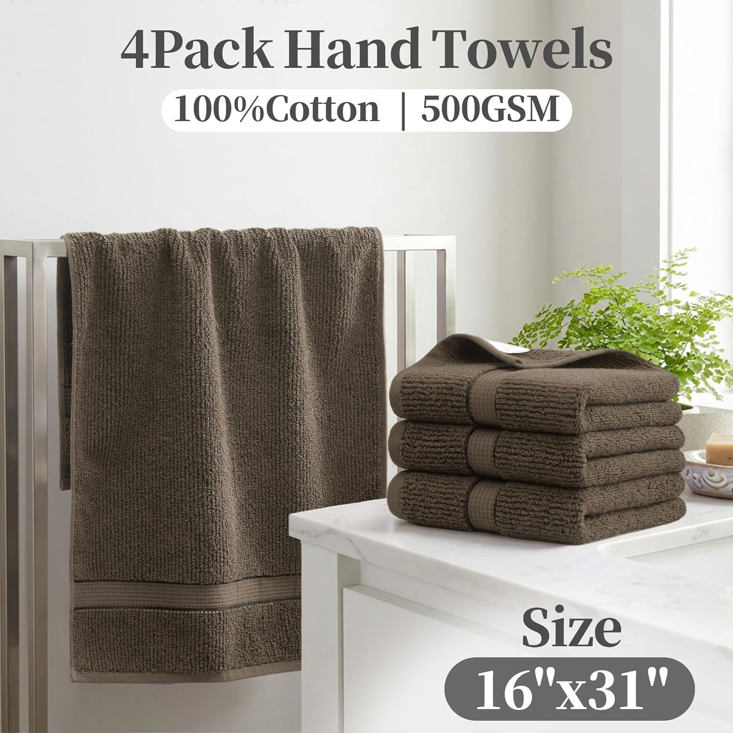 VOOVA & MOVAS Soft & Thick Cotton Hand Towels, 4-Piece Set, 32"x16" 500GSM - Quick Dry, Highly Absorbent for Bathroom, Shower, Gym, Spa, Hotel, Brown