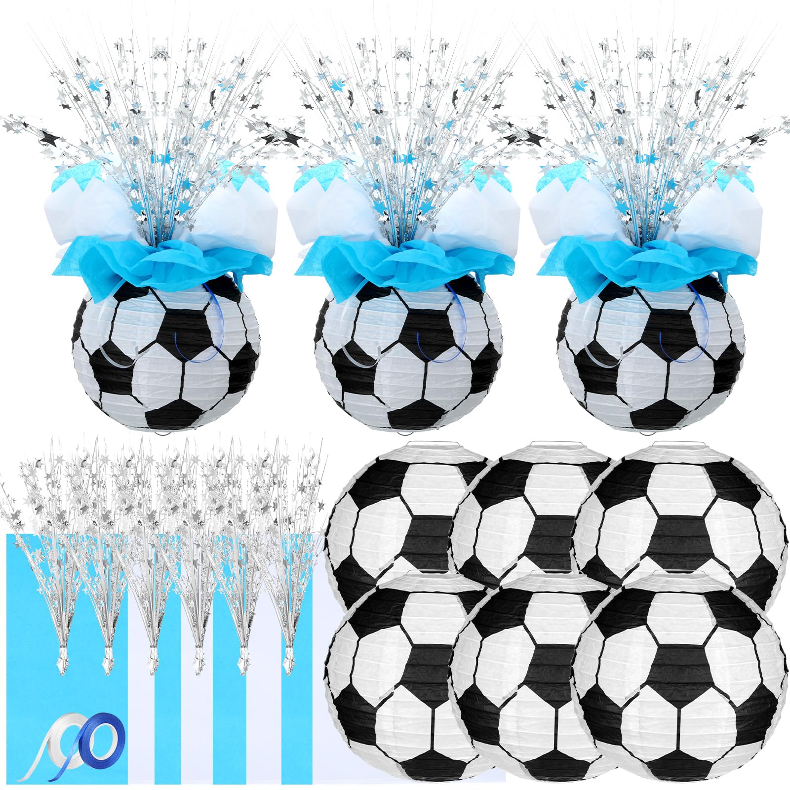 Rossesay 26 Pieces Soccer Ball Lantern Centerpieces Decorations Soccer Centerpieces Supplies with Metallic Foil Spray Centerpiece Wrapping Paper and Ribbons for Soccer Birthday Party Decorations