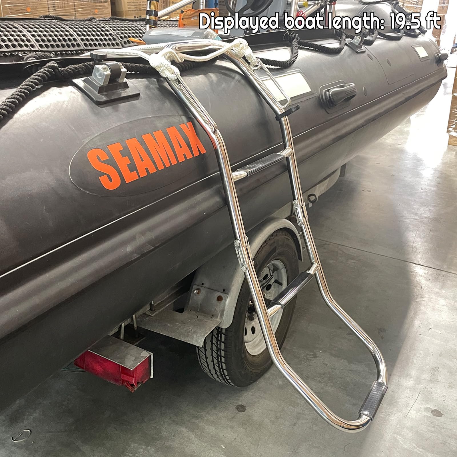 Seamax - Scaletta per imbarco a 3 gradini con manico e gancio integrati, in acciaio inox 316, telescopico, pieghevole, per gommoni, kayak e gommoni, antiscivolo, leggera, facile da riporre