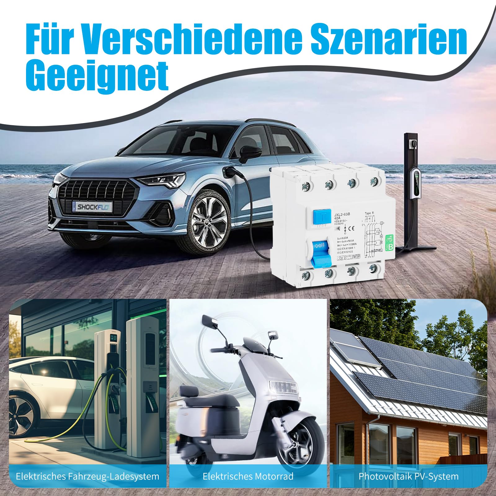 Fi Schutzschalter 40a 30ma 4 Polig mit 35mm Schiene,Fehlerstromschutzschalter Typ B,RCD, Allstromintensiv Schalter Automat Sicherung Sicherung,FI Schalter für Wallboxen Ladestationen