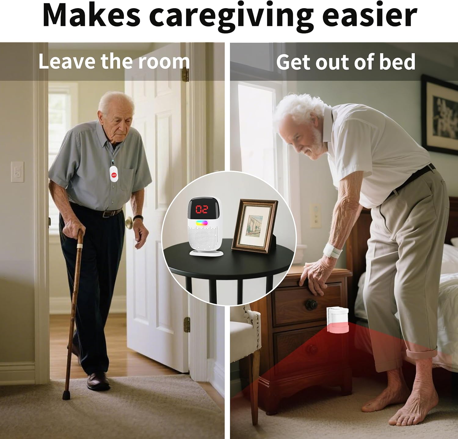 Upgraded Version Bed Sensor Alarm and Fall Prevention for Elderly/Dementia and More,Caregiver Pager Motion Sensor Alarm with Call Button for Patients Seniors Elderly Monitoring at Home
