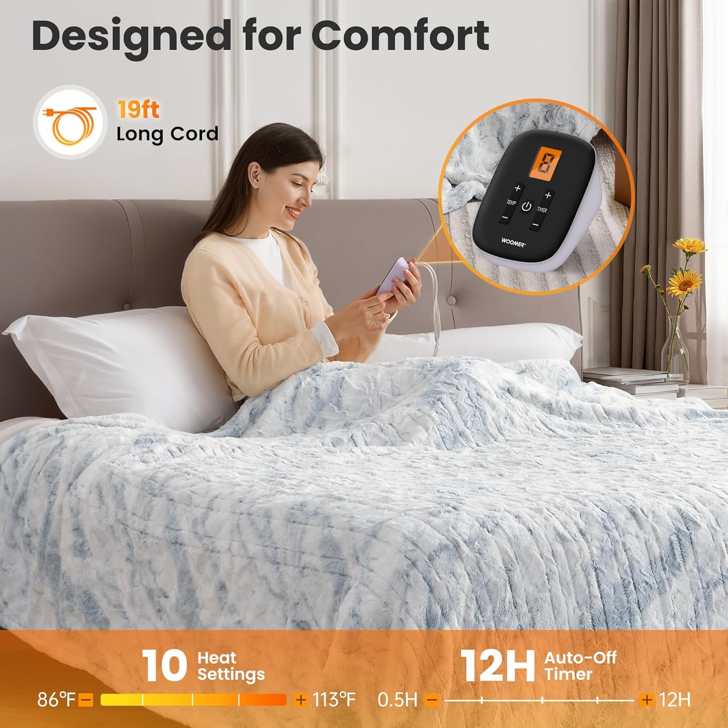 WOOMER Heated Blanket Full Size 77" x 84", Electric Blanket with 0.5-12 Hours Timer & 10 Heating Levels, ETL Certified, Marble Blue Double-Sided Faux Fur, Over-Heat Protect, Machine Washable - Image 3