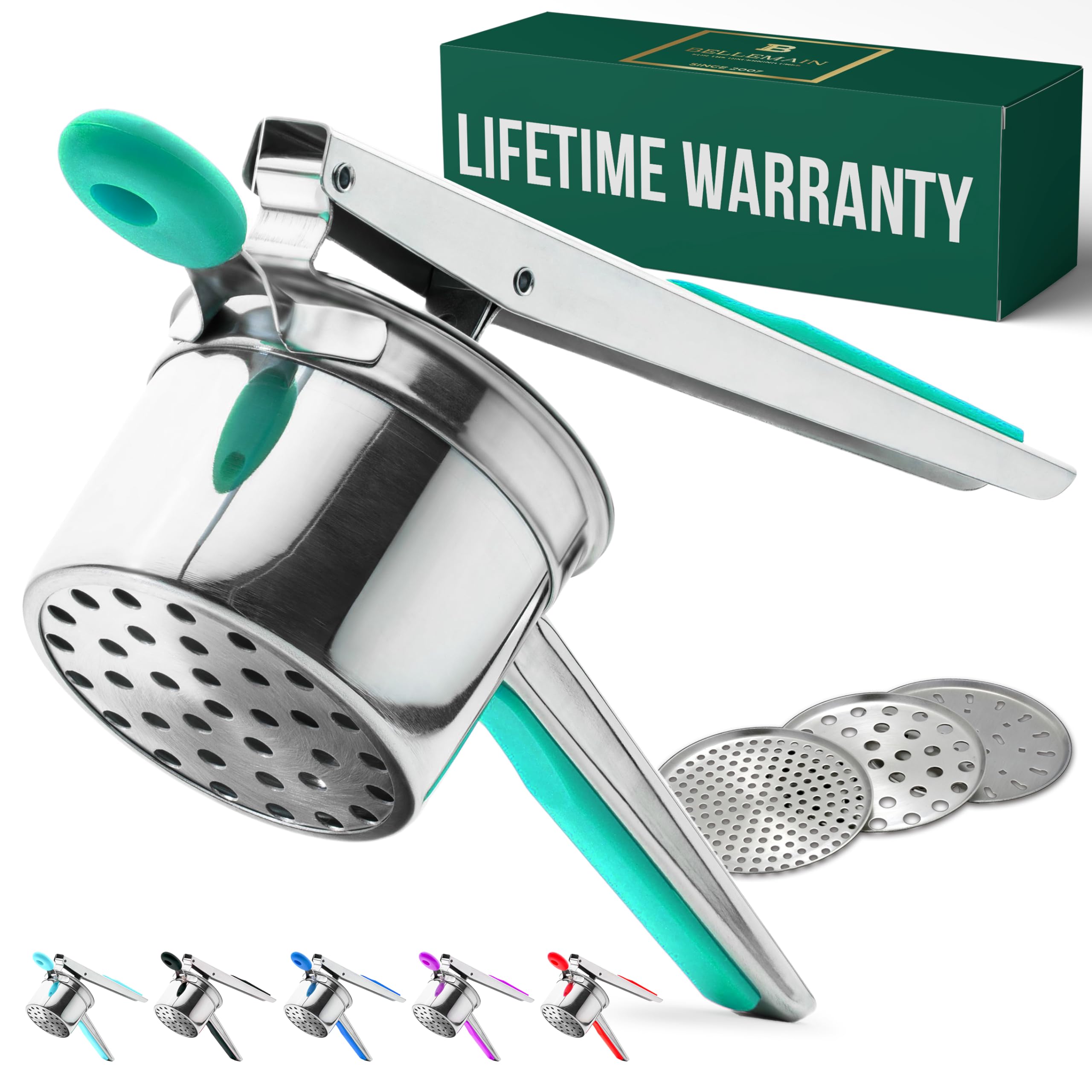 Bellemain15 oz Large Potato Ricer | Heavy-Duty Stainless Steel Potato Ricer & Masher | Perfect for Mashed Potatoes | Ricer Kitchen Tool with 3 Interchangeable Discs (Green)