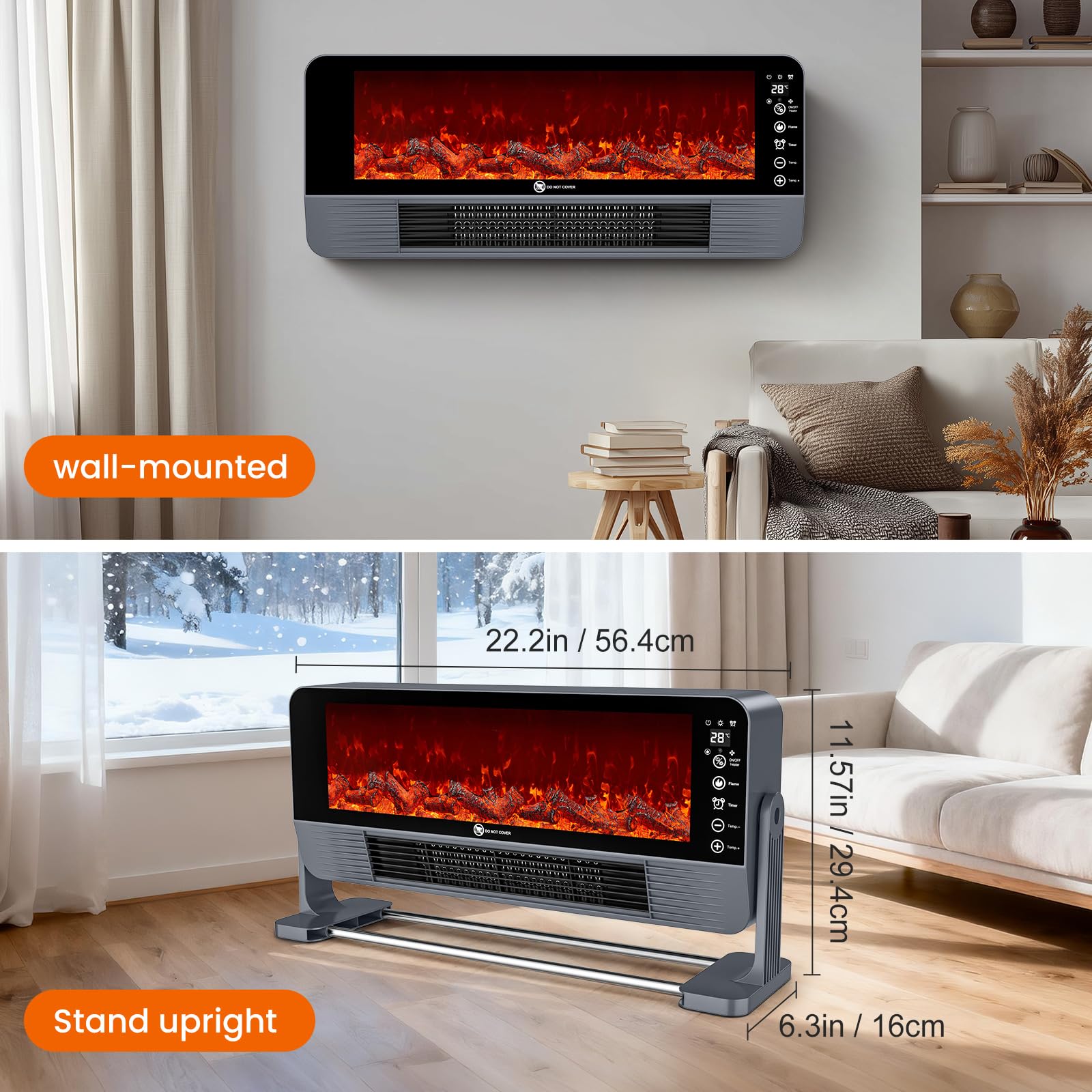 Chauffage d'appoint, Chauffage 2000W avec Céramique PTC, Effet Flamme 3D, Installation Murale/Sol, Télécommande, 3 Modes, Sécurité Anti-Chute & Surchauffe, Minuterie 12H, pour Bureau, Salon, Chambre
